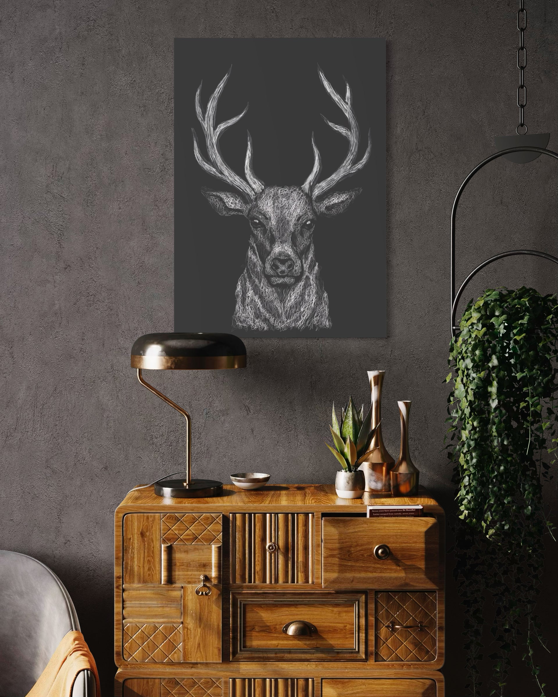 Deer wall art with deer head illustration on dark background