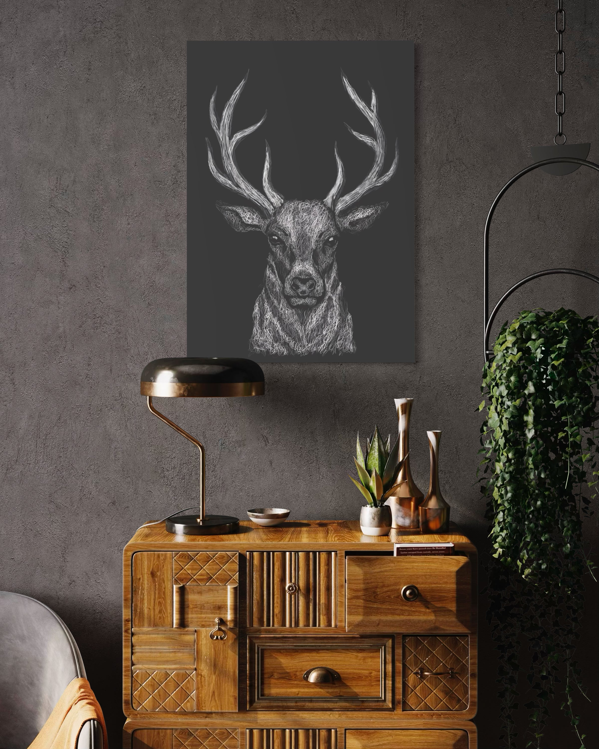 Deer wall art with deer head illustration on dark background