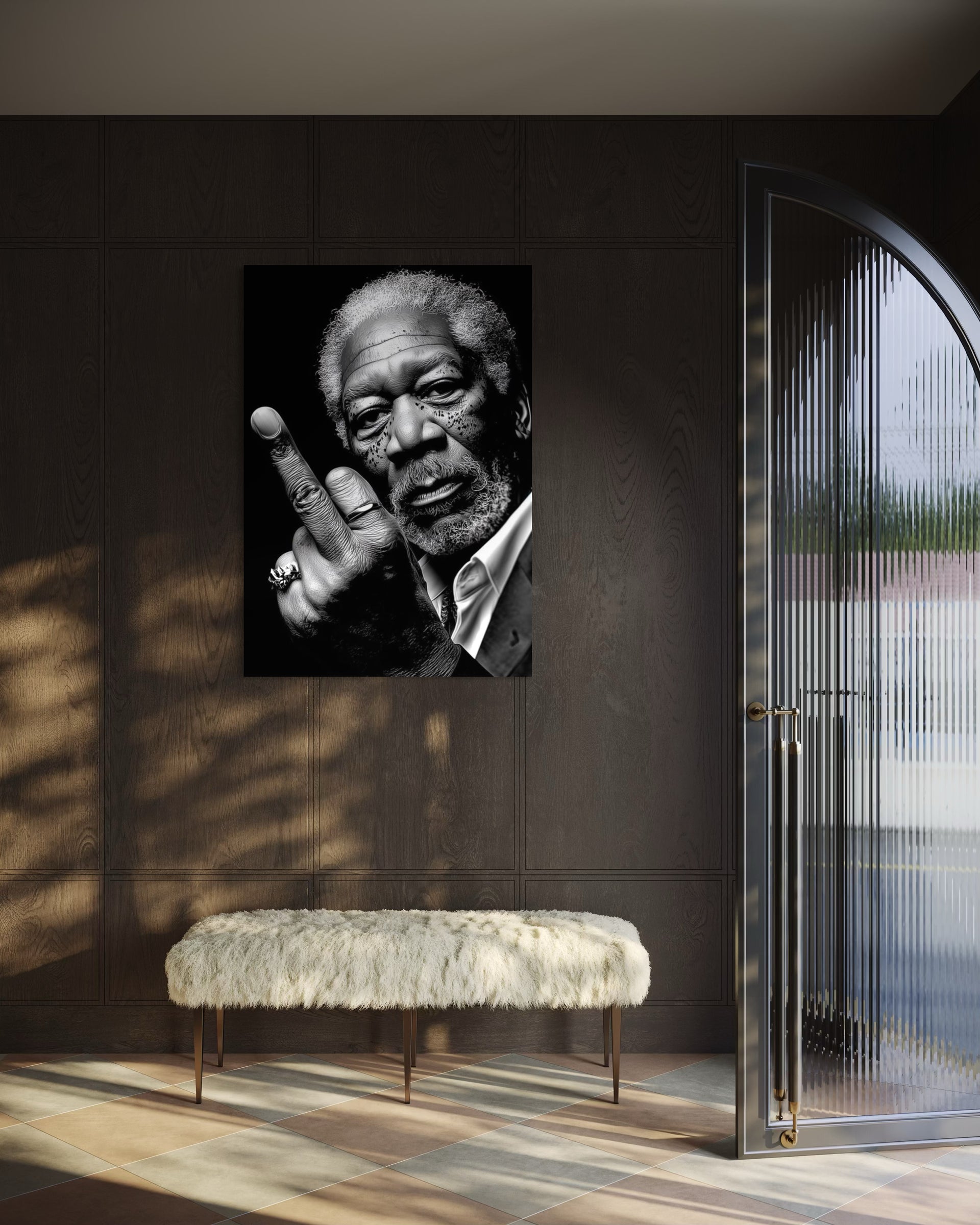 Black-framed monochrome portrait print of a man holding a cigar