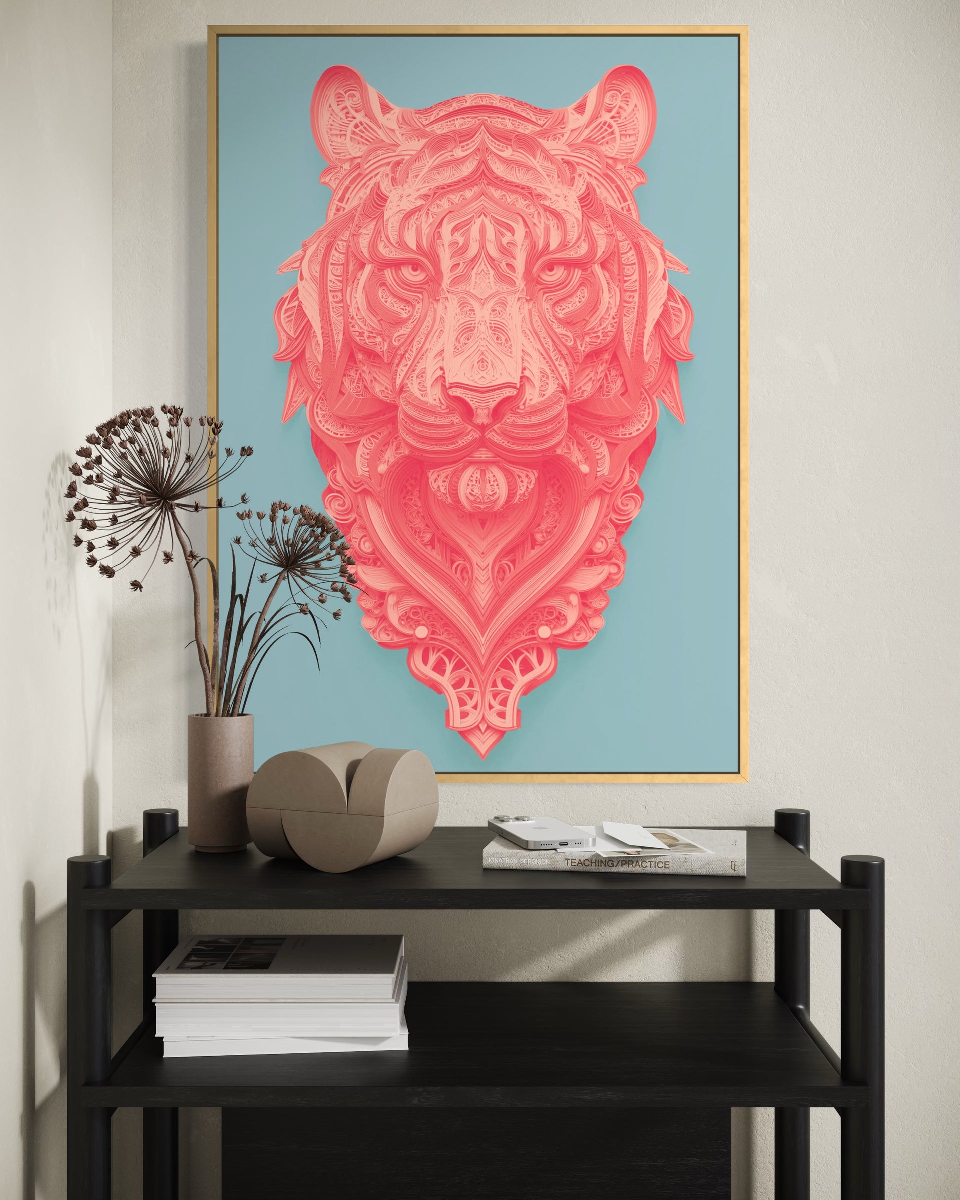 Possente: stampa con testa di leone decorata, rosso, in cornice