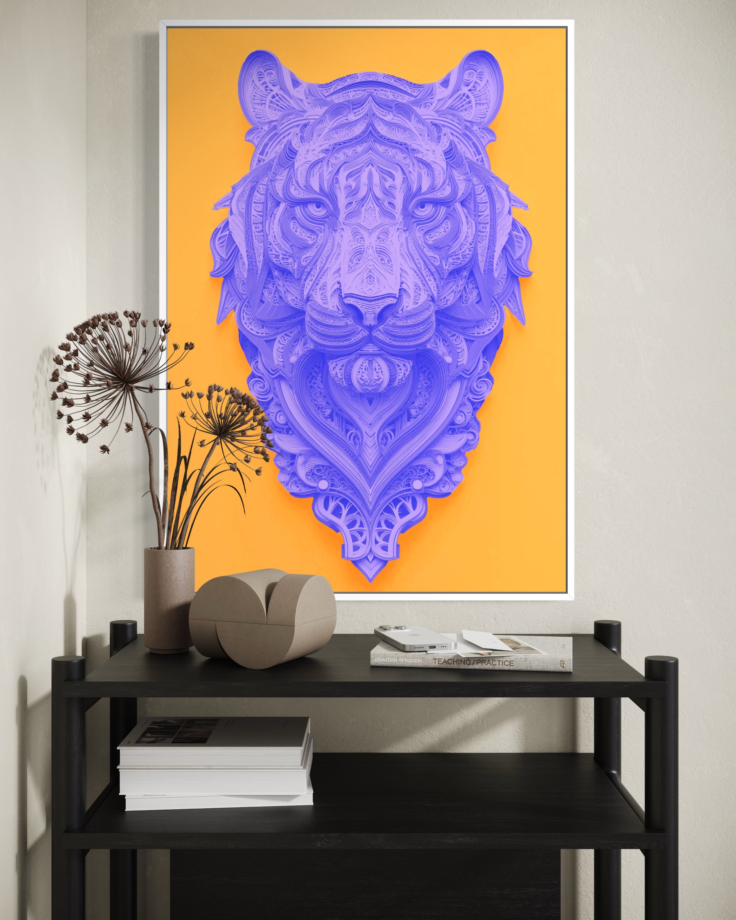 Possente: stampa con testa di leone decorata, viola, in cornice