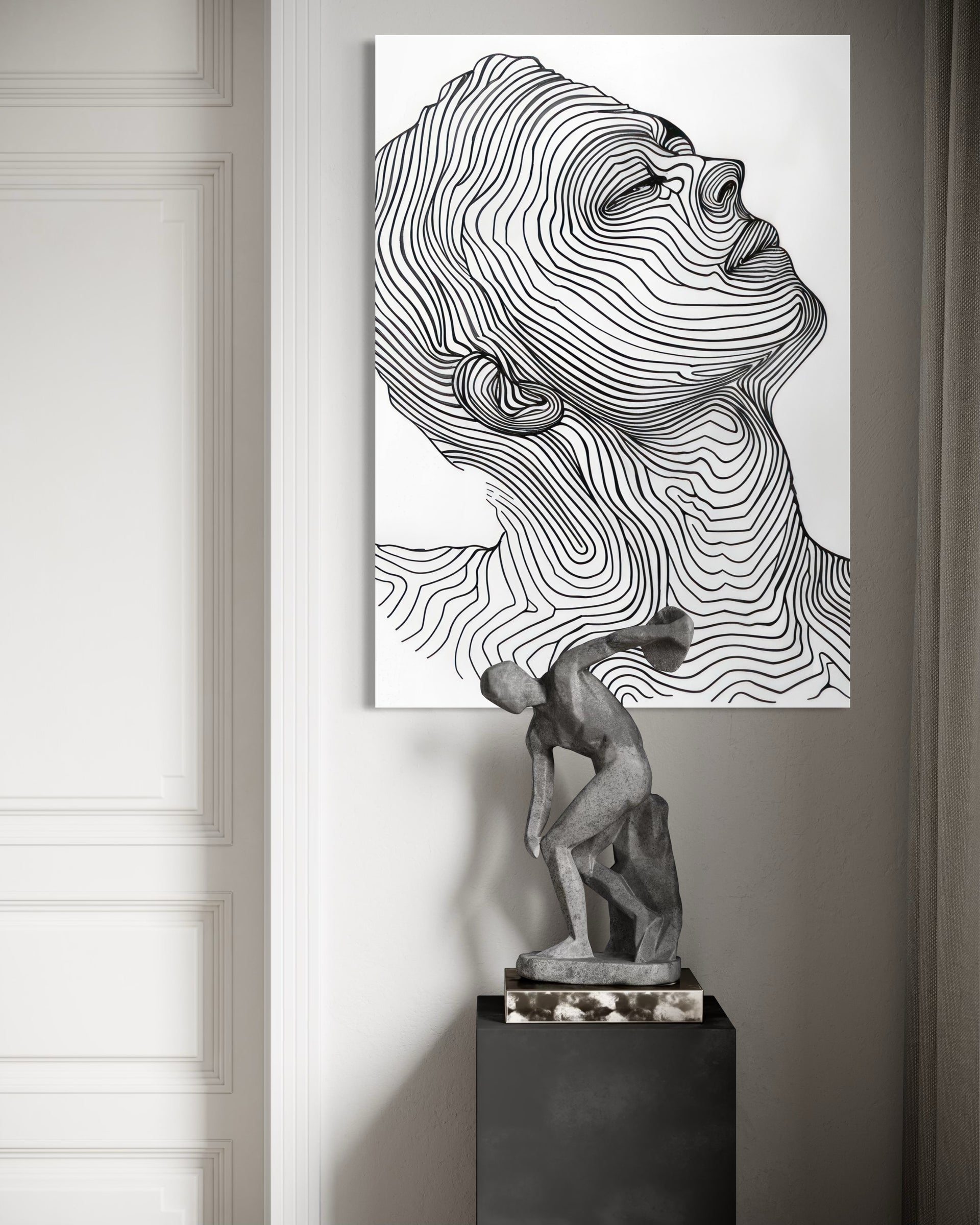 Boho abstract face print in black line art with light background, framed white