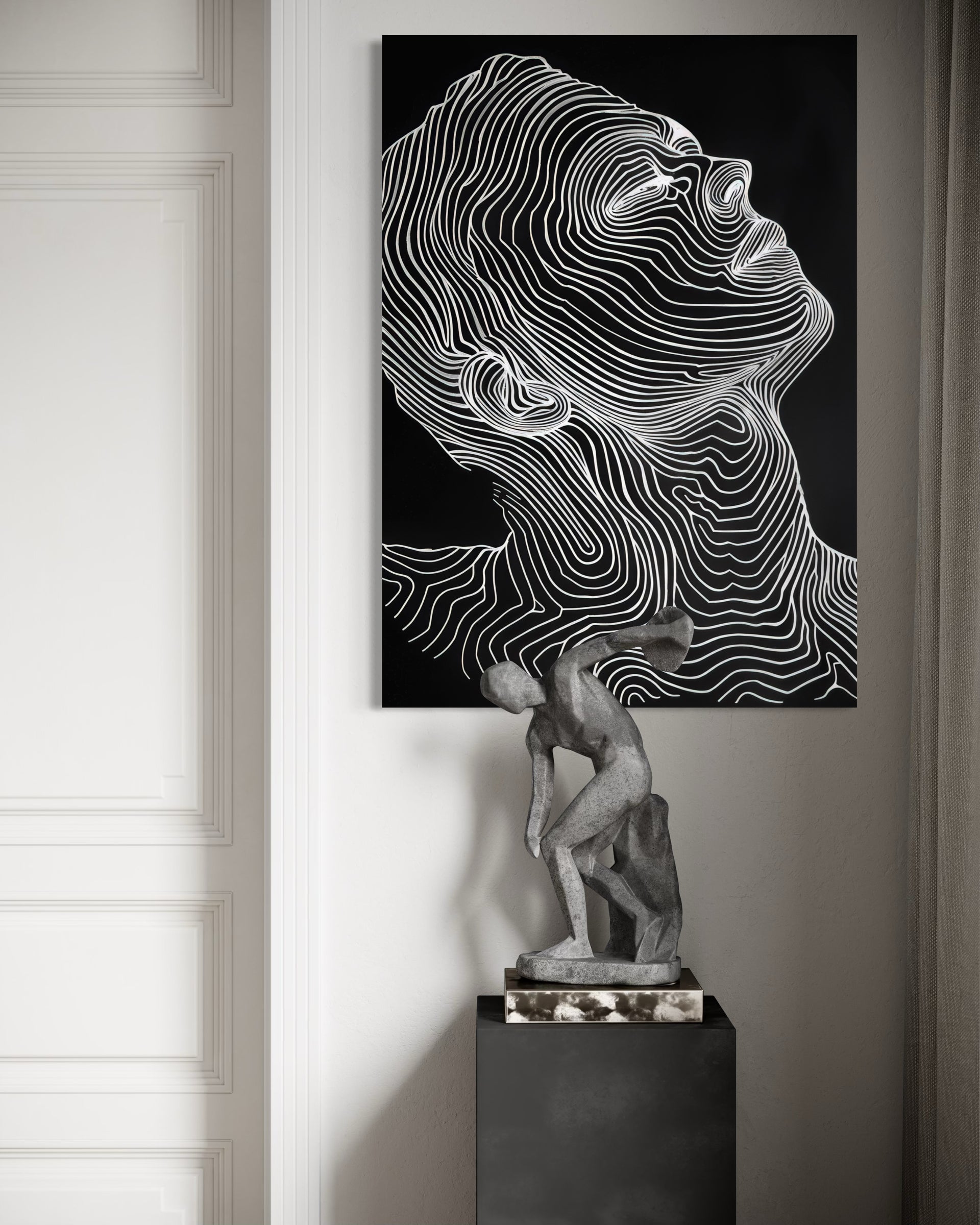 Boho abstract face print with white contour lines on dark background, framed black