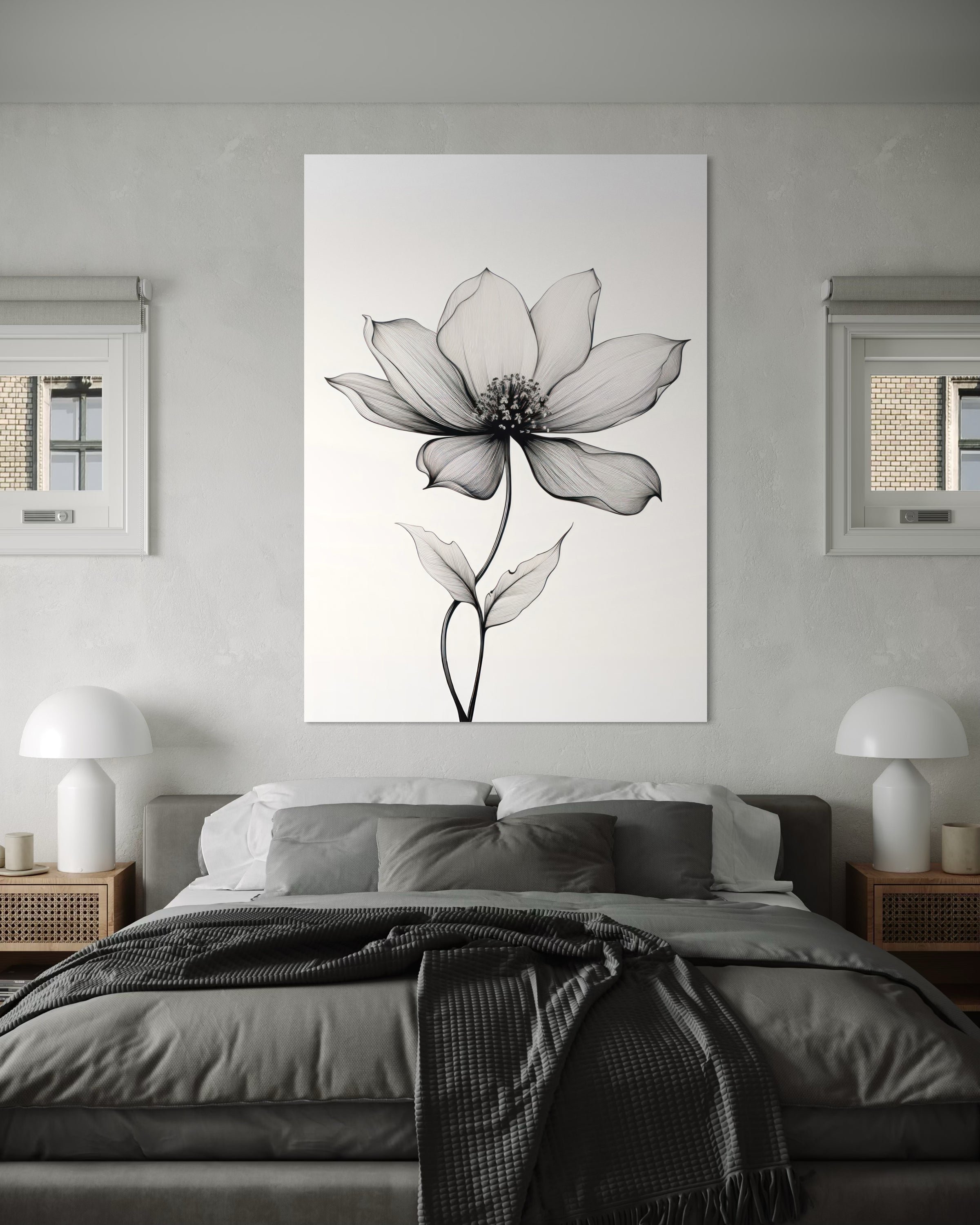 Boho Abstract fiore: fiore stilizzato monocromo su sfondo chiaro, linee delicate e centro scuro