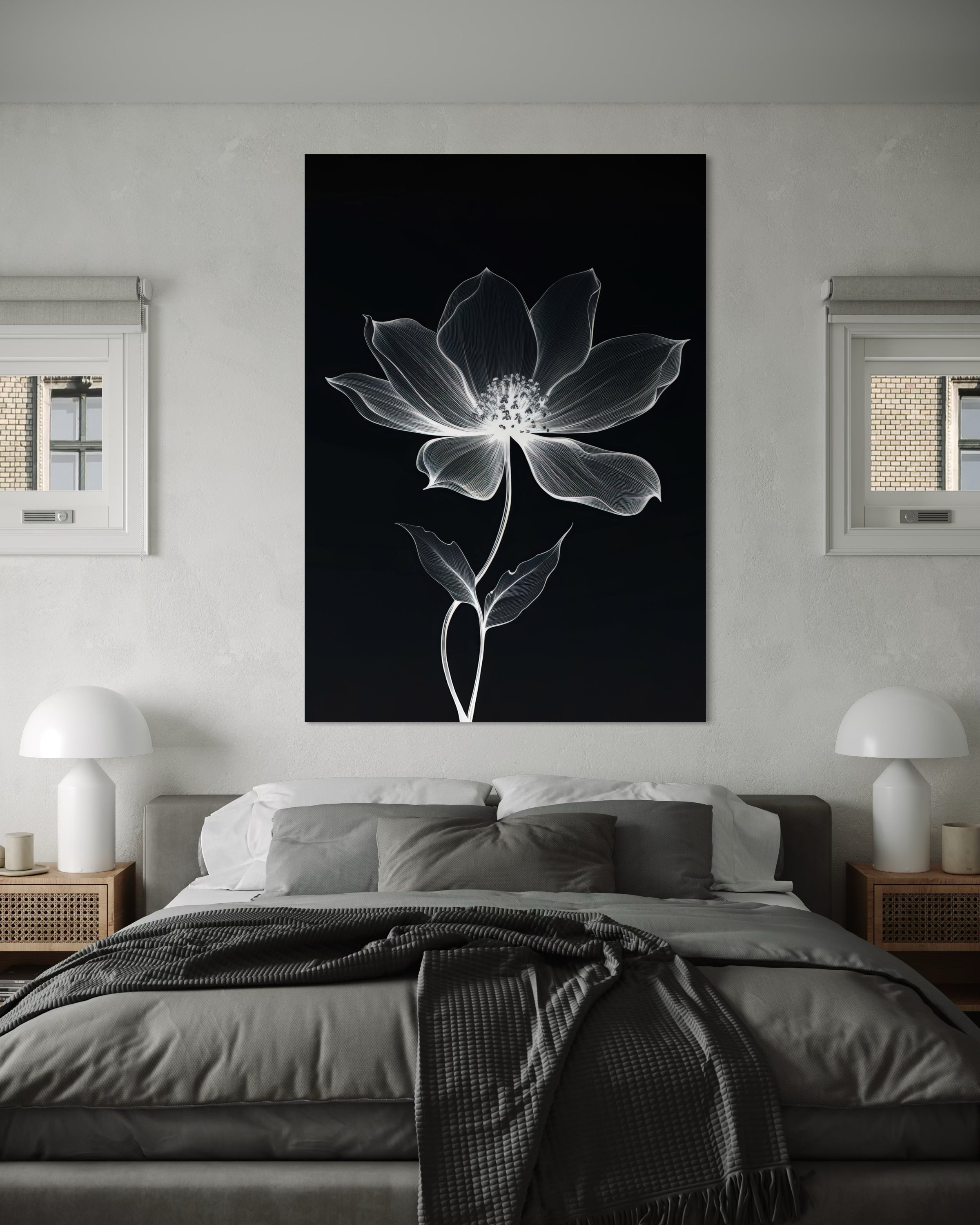 Boho Abstract fiore: fiore stilizzato monocromo su sfondo scuro, con centro luminoso