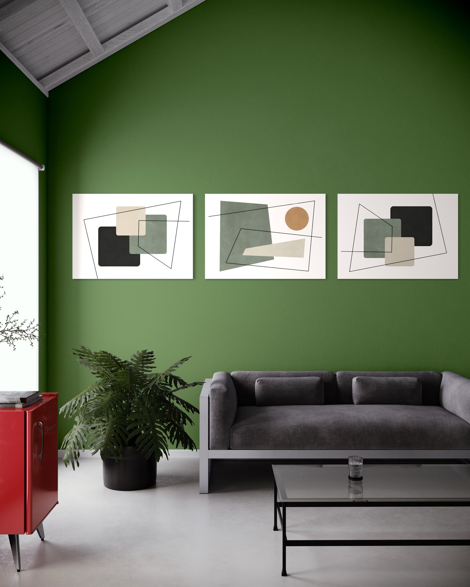 Set forme design: tre stampe astratte geometriche in cornici bianche, su parete
