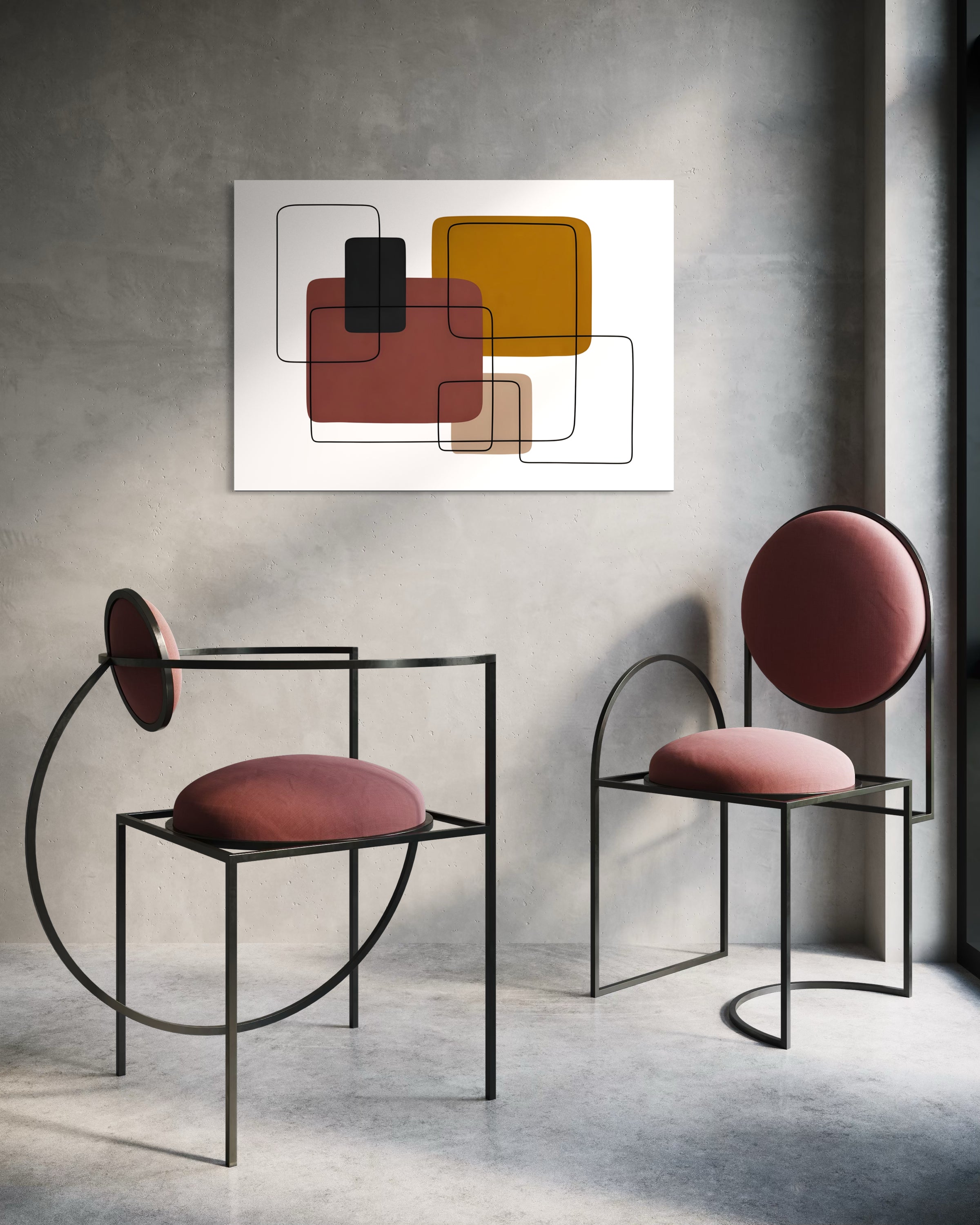 Groviglio di linee classica-beige, telaio bianco: forme geometriche rosse e nere