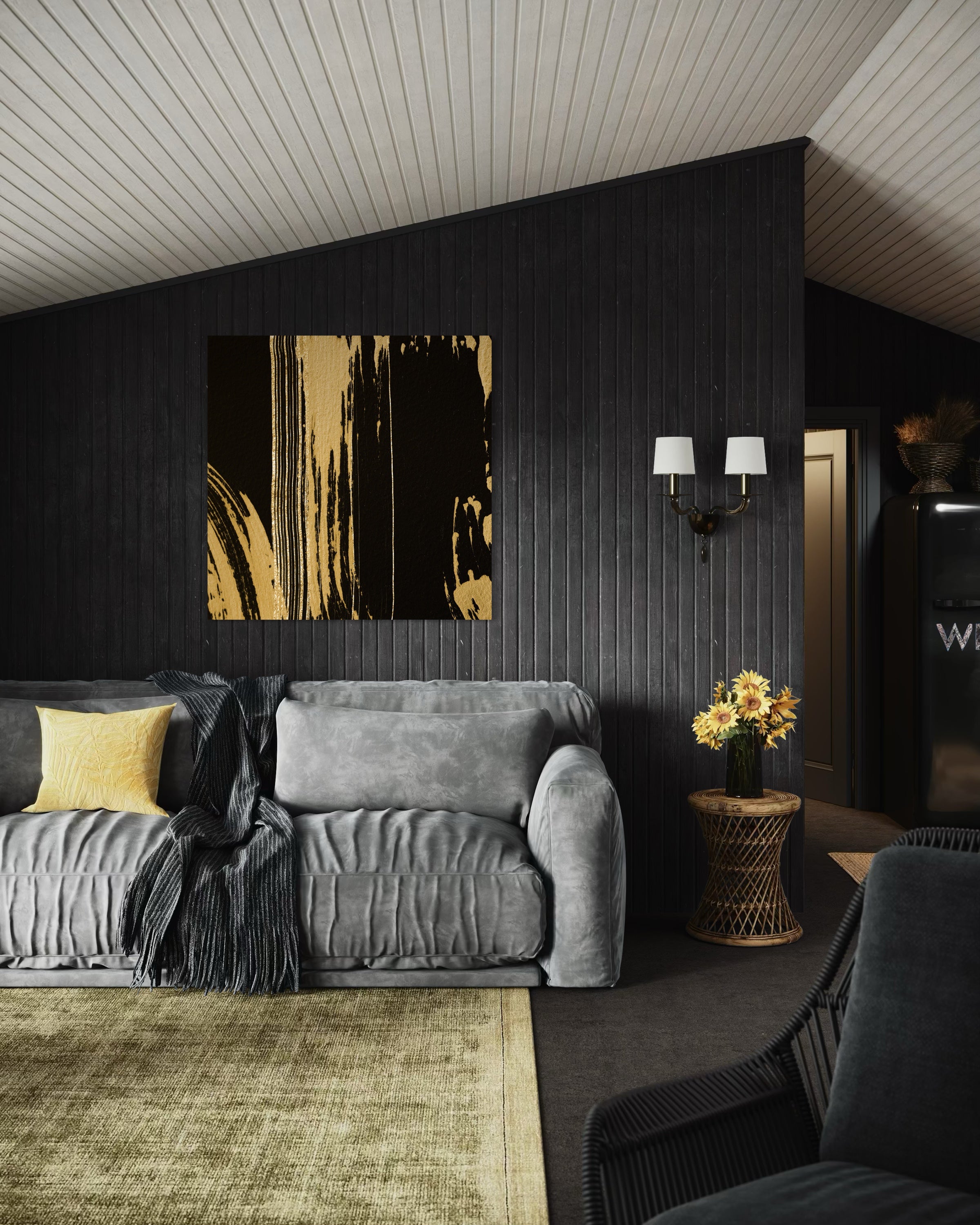 Quadro da parete con cornice nera e linee dorate in stile line art, rettangolare
