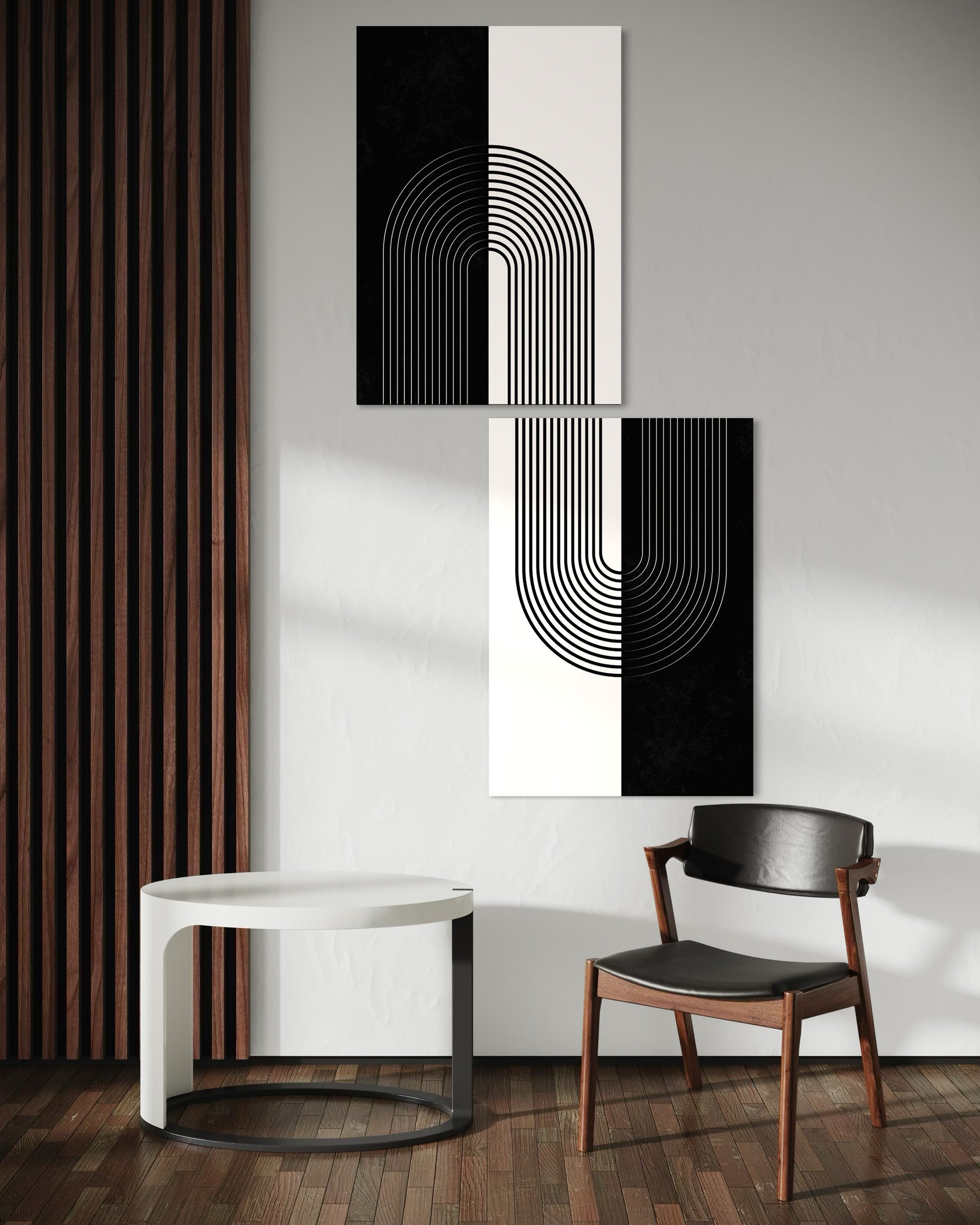 Set quadri linee nero e bianco con archi curvi a righe, due stampe affiancate