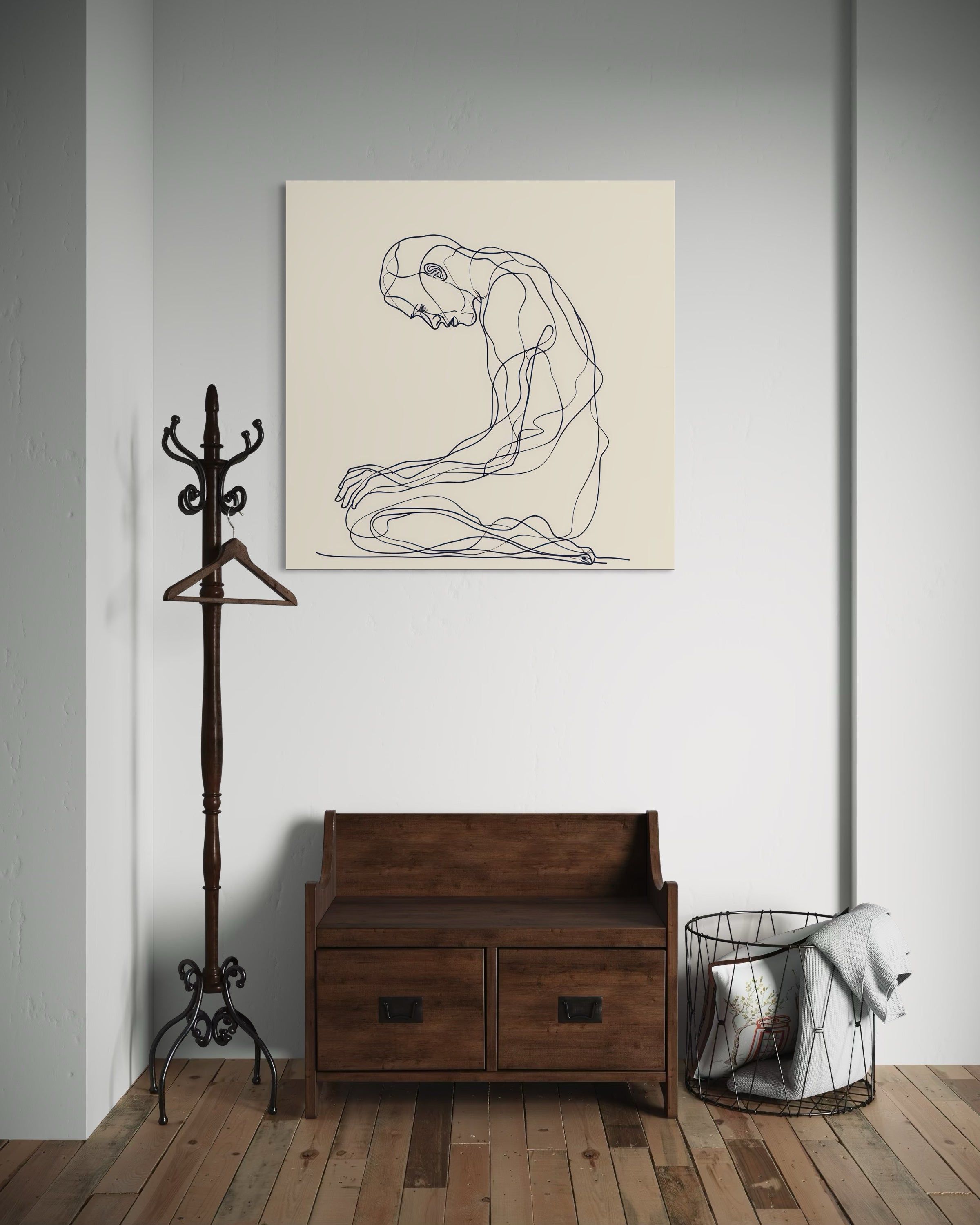 Stampa incorniciata con linee inchiostro, figura femminile seduta, cornice chiara