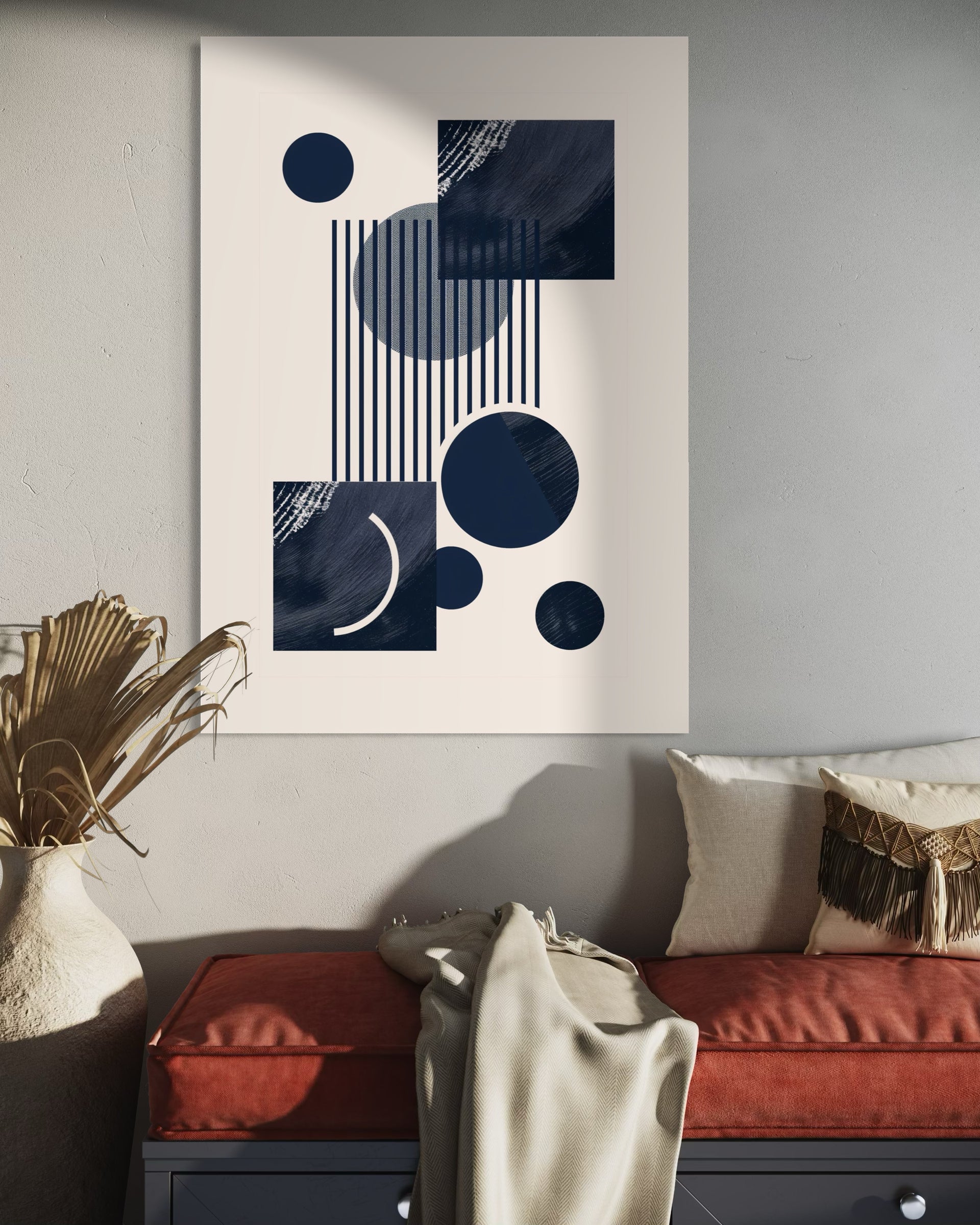 Geometric white blue: composizione geometrica con cerchi blu e linee verticali su fondo chiaro.