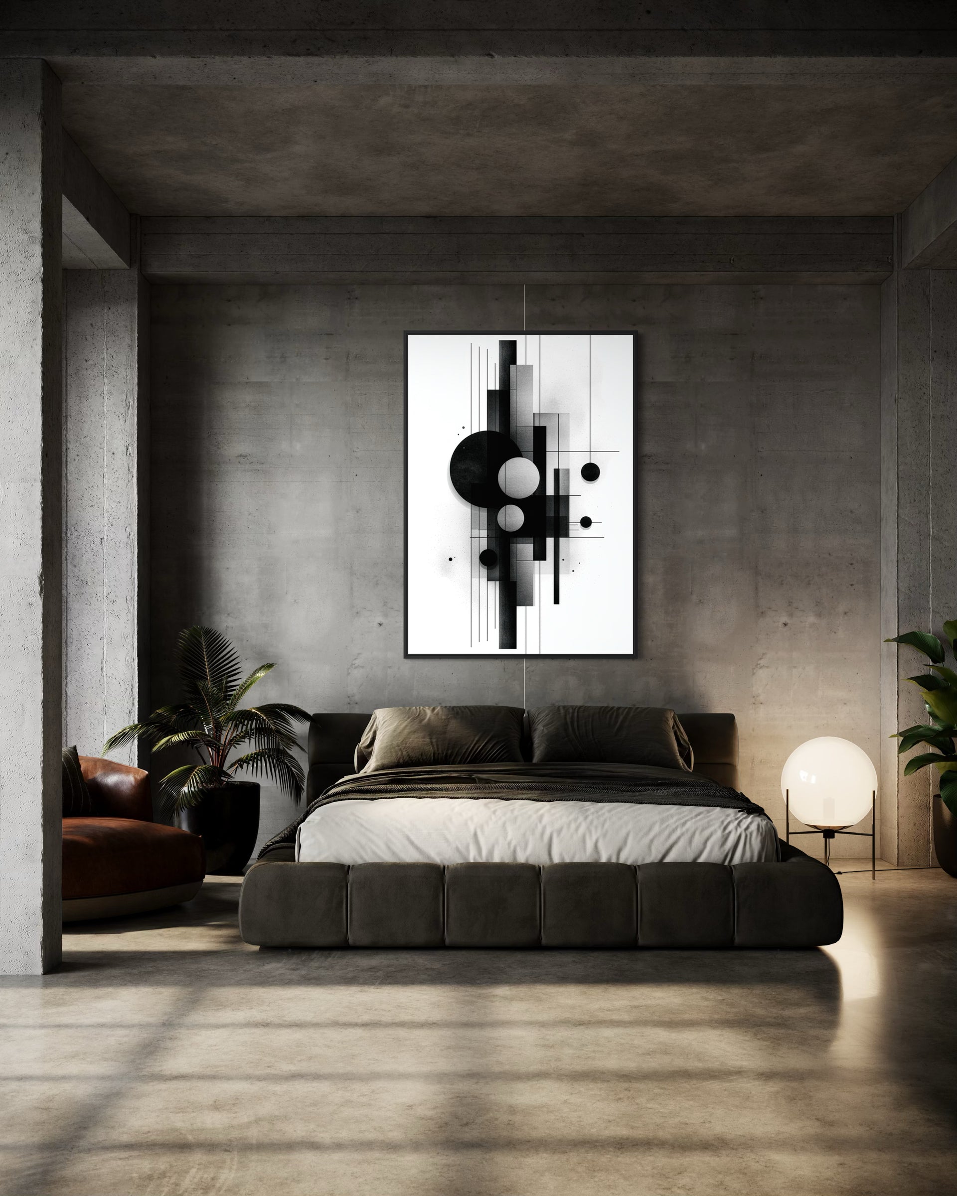 Quadro astratto geometrico con forme nere e cerchi su sfondo bianco