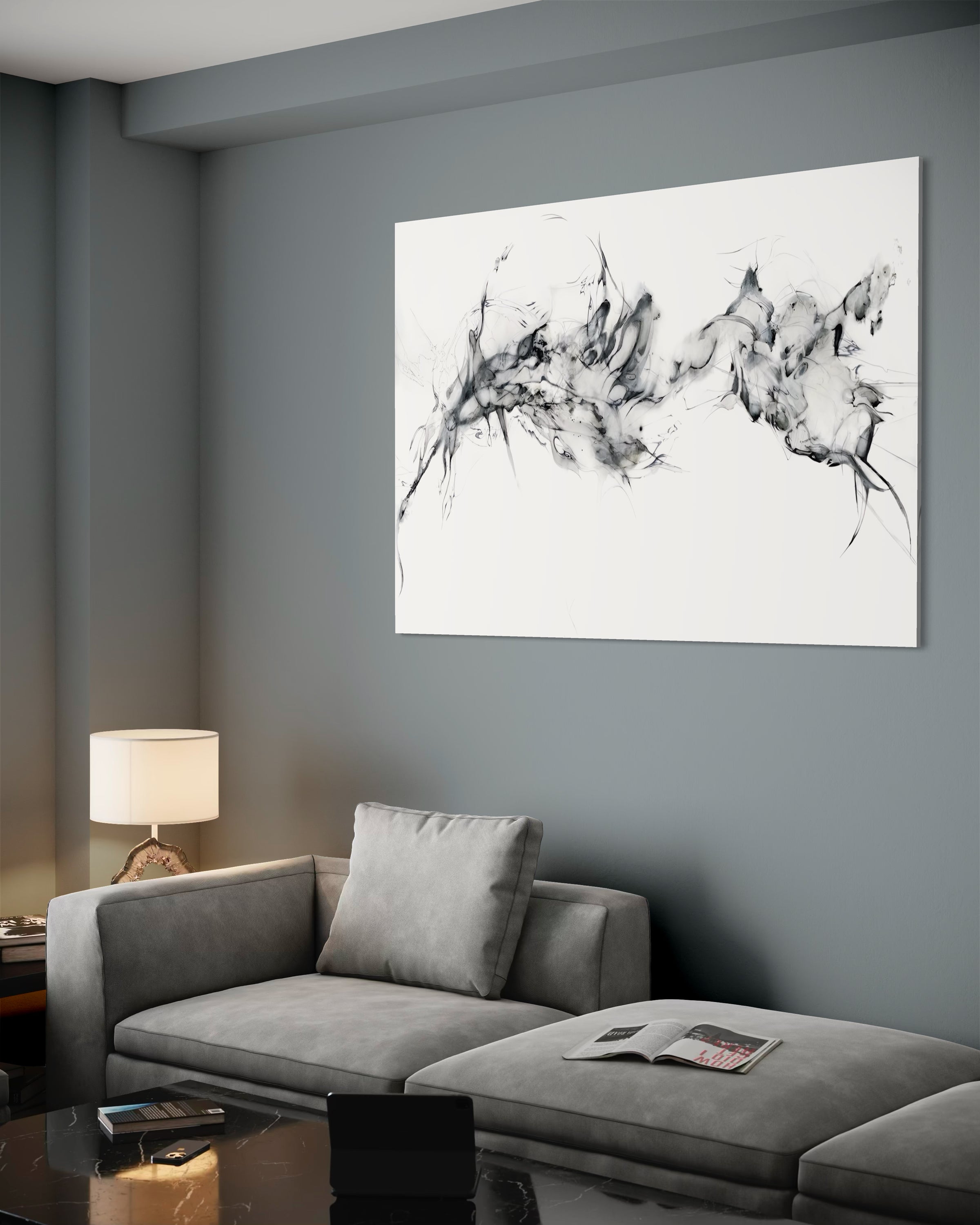 Quadro astratto con cornice bianca, stampa fluidi grigi e neri.
