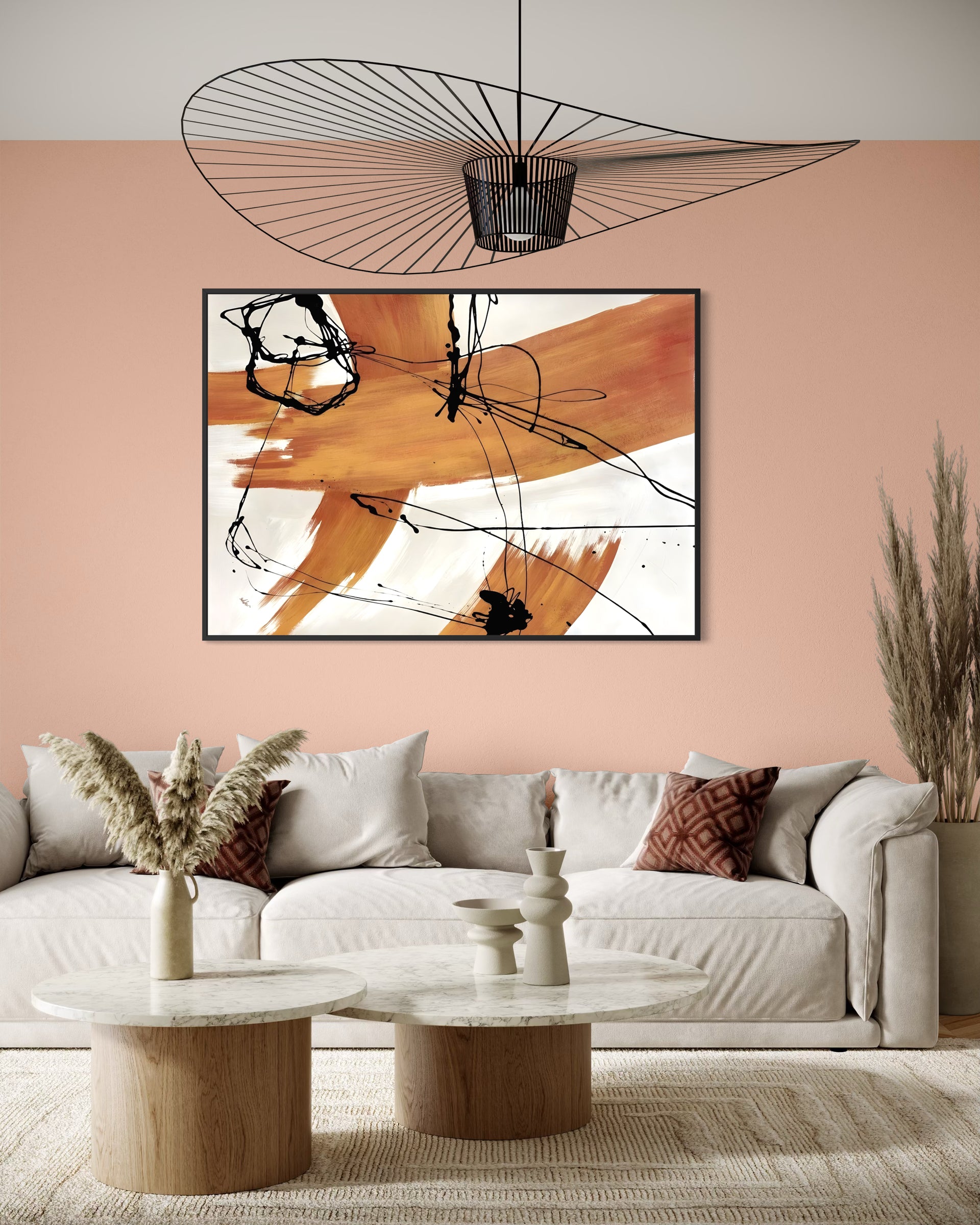 Pennellata moderna con telaio nero, astratto bianco e arancio con linee nere