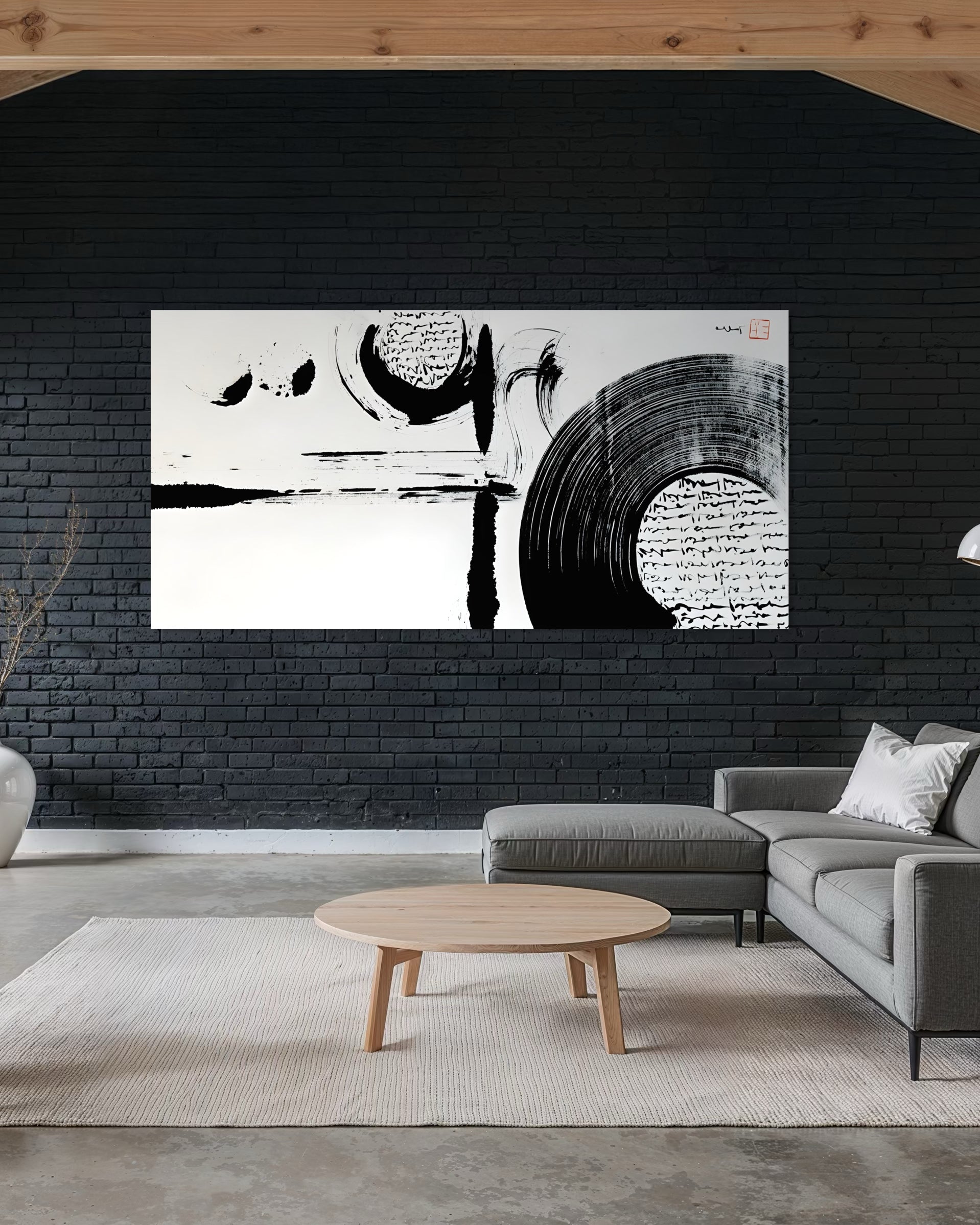 Stampa artistica astratta con cornice, fondo chiaro e segni neri