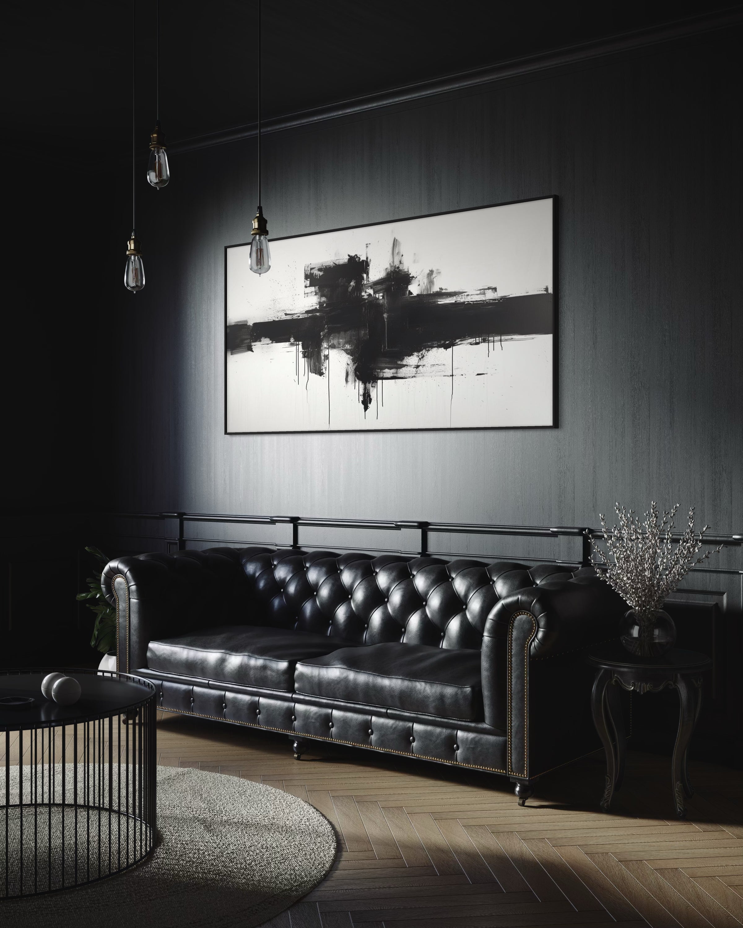 Flow nero: quadro astratto con cornice nera