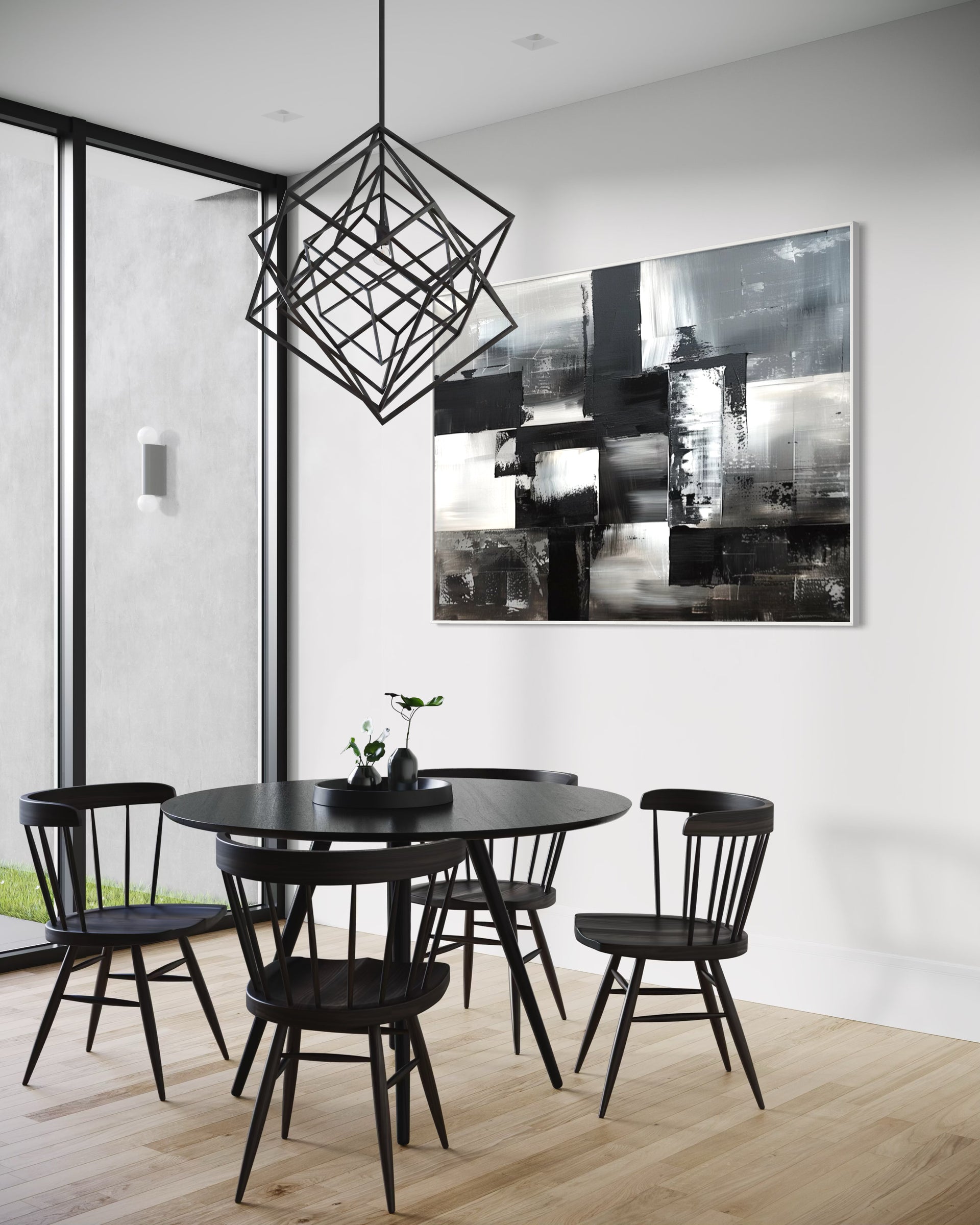 Modern pennellate astratte nero e bianco con cornice nera
