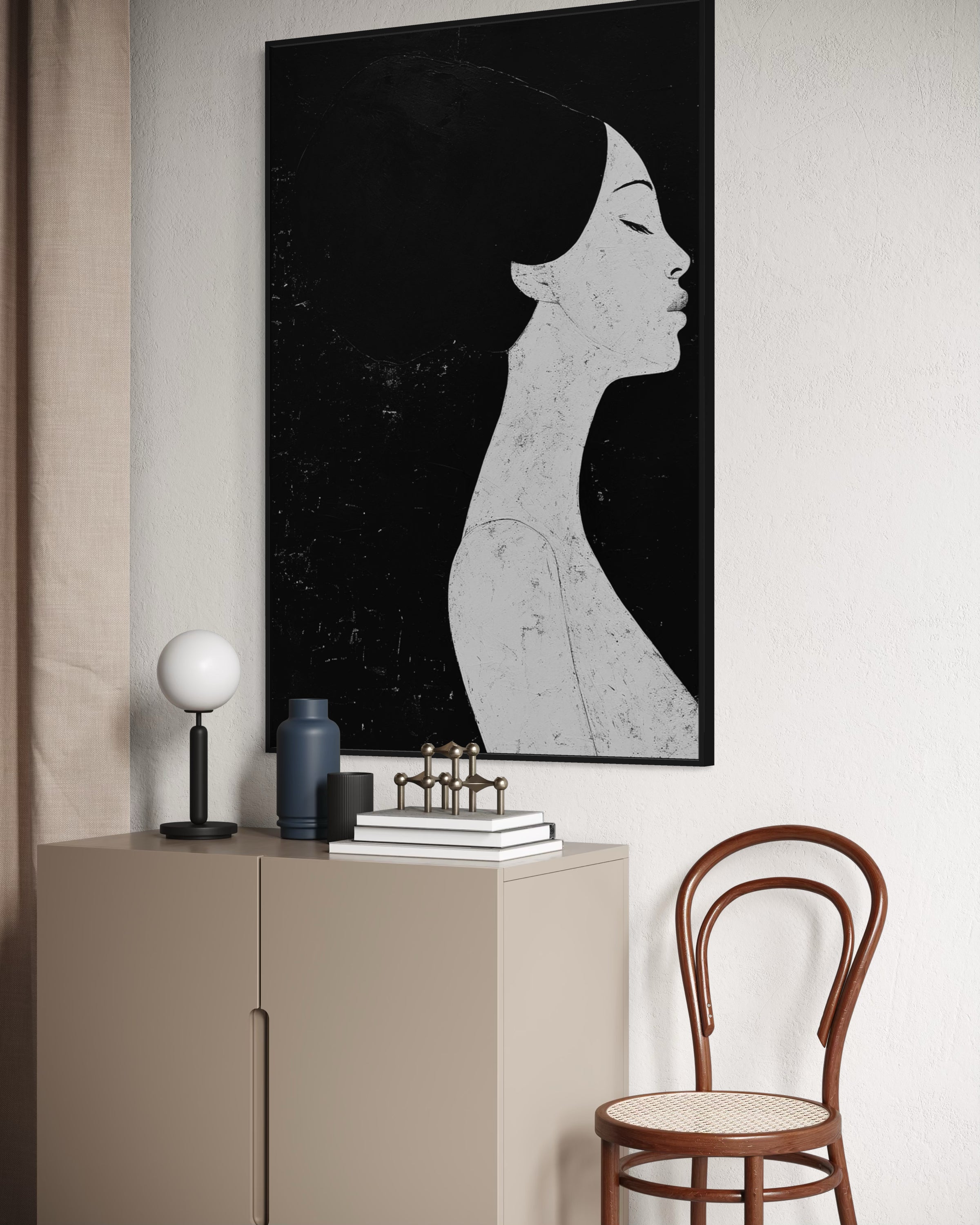 Woman profile wall art with monochrome side profile and dark frame