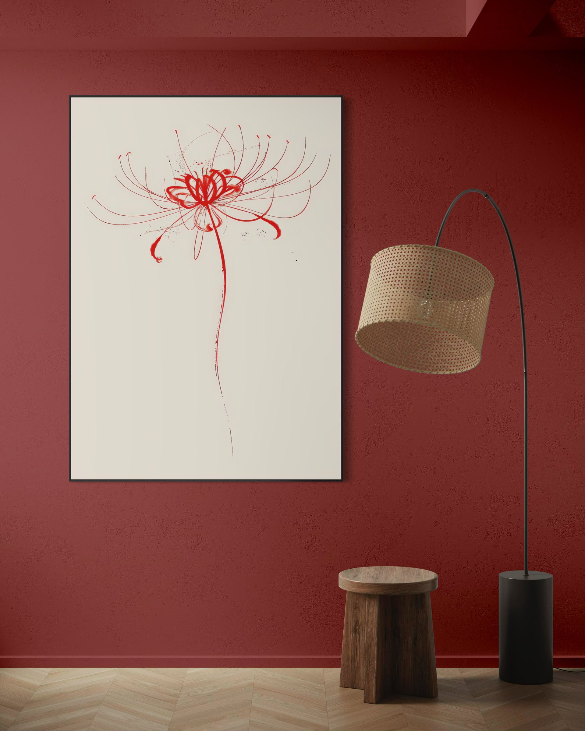 Fiore moderno rosso su tela bianca con cornice nera