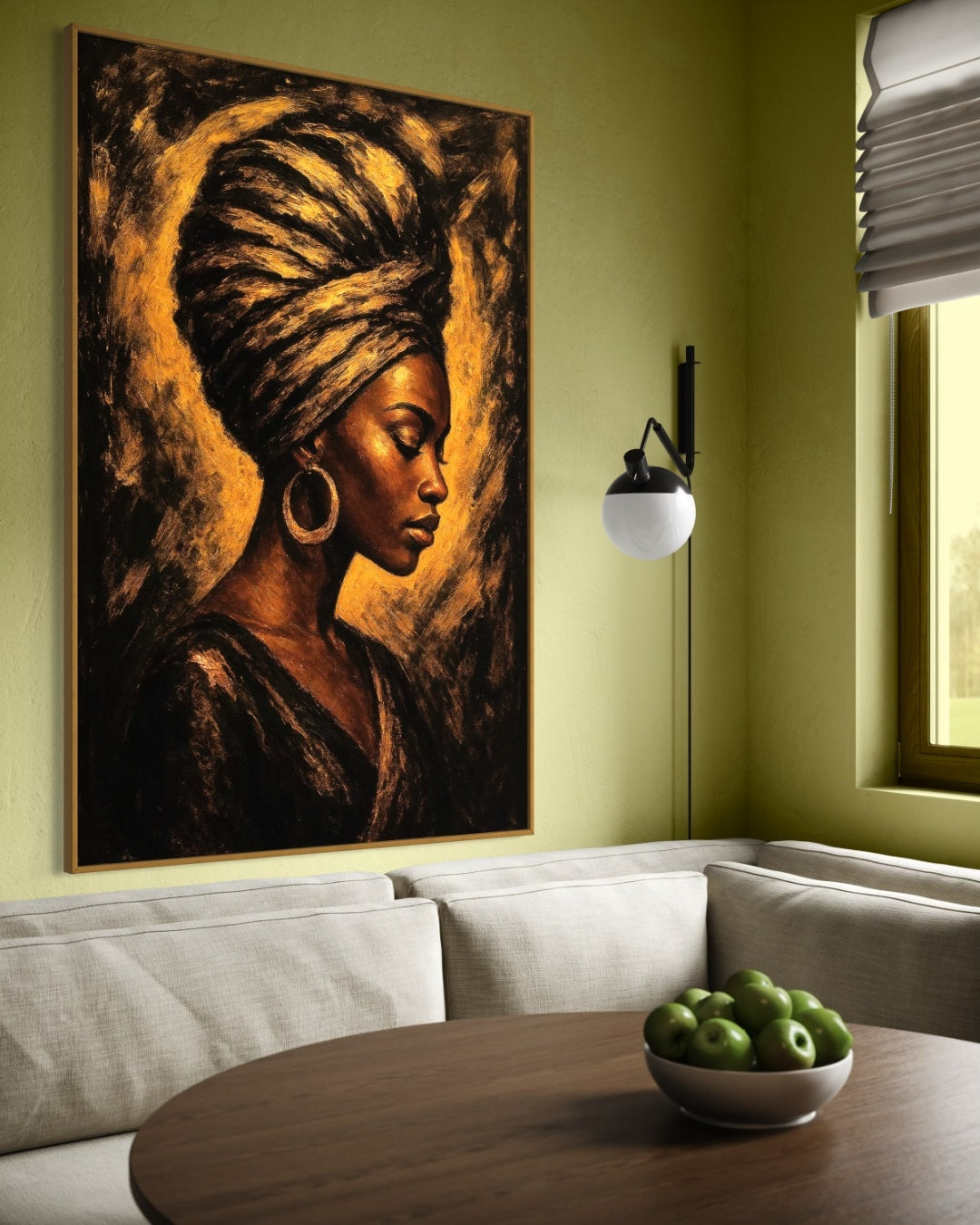 Donna africana in oro: ritratto su pannello con turbante nero e dettagli dorati