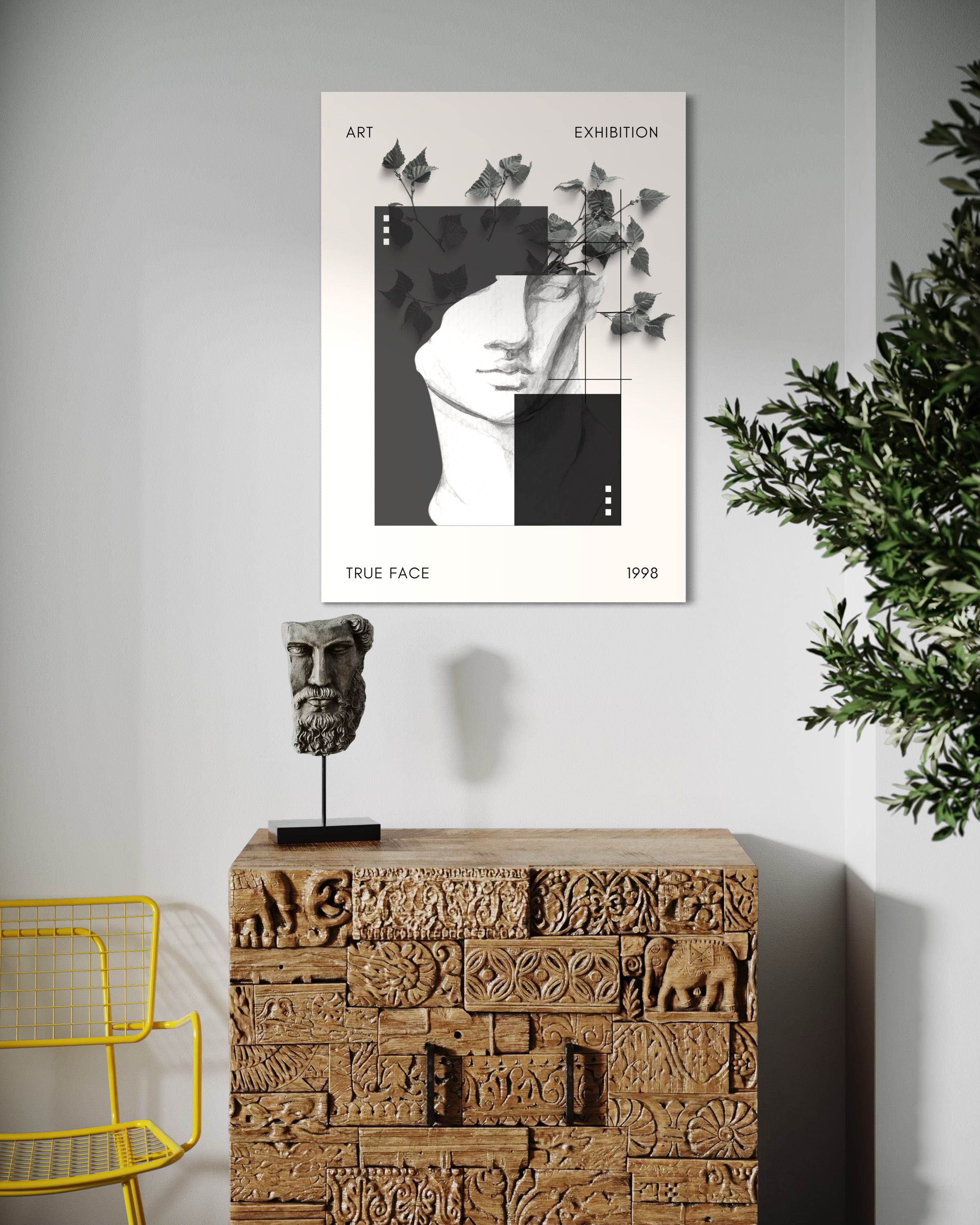 Stampa di volto moderno ed elegante, bianco e scuro, con cornice sottile