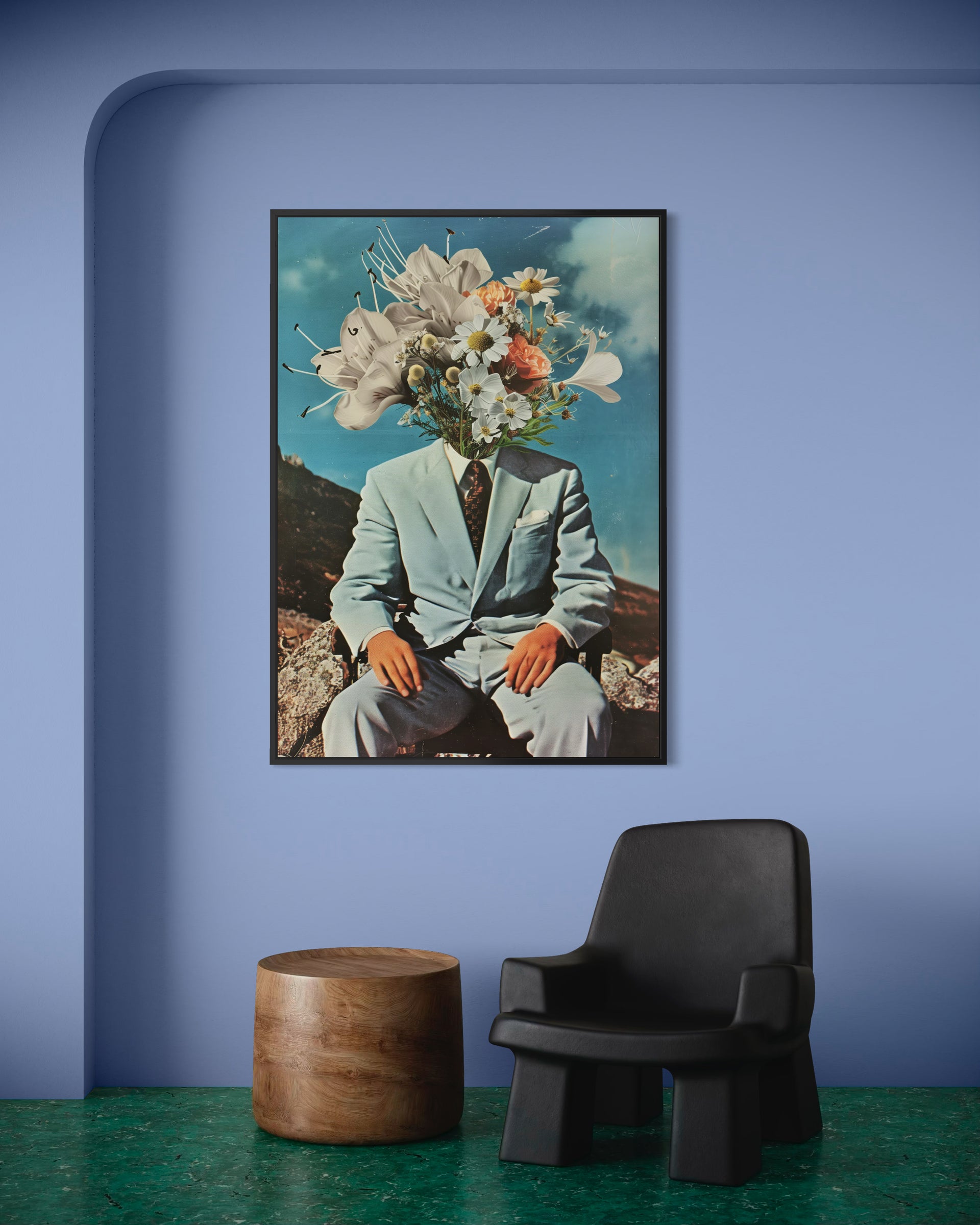 Framed print: man in light suit with bouquet of white flowers and greenery, black frame