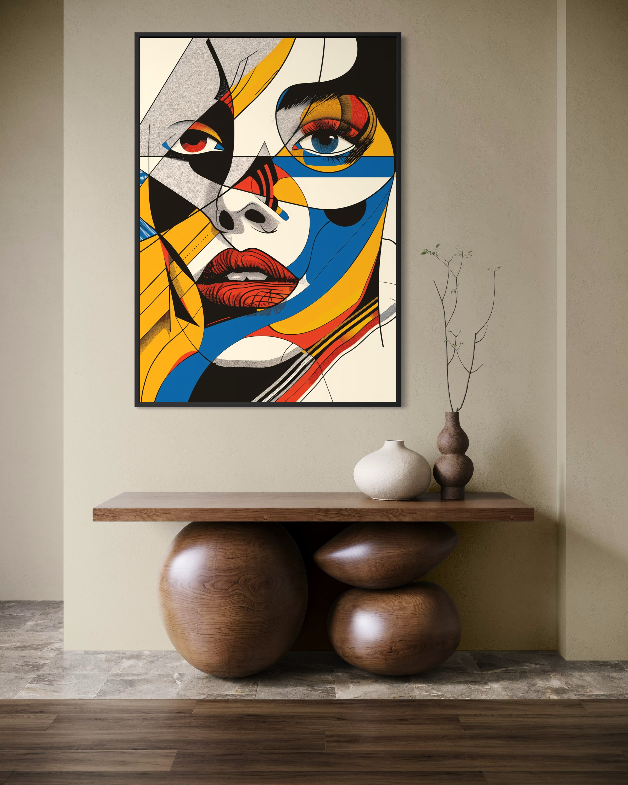 Illustrazione astratta moderna con volto stilizzato, palette blu, oro e rosso, cornice nera