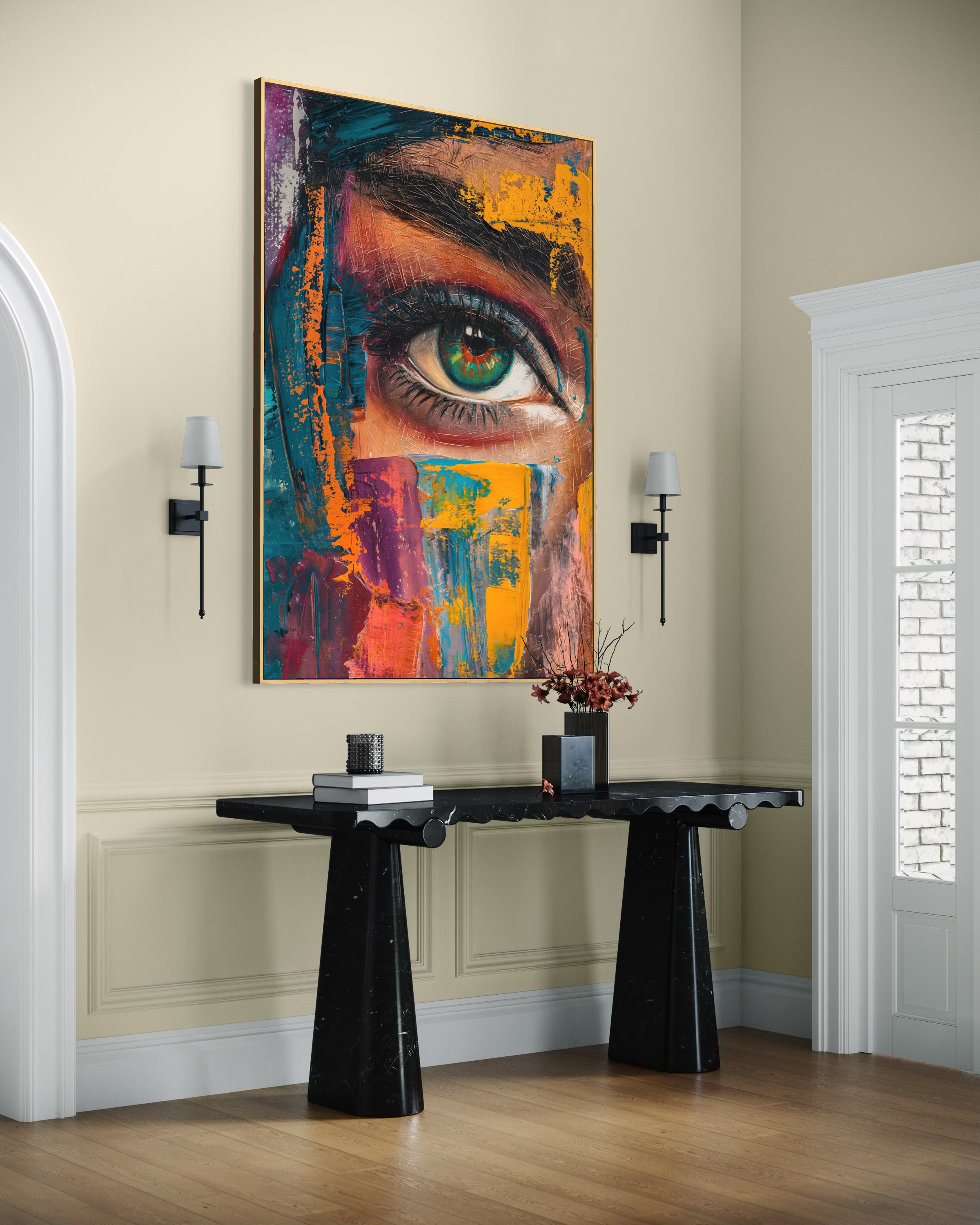 Quadro d’arte espressionista moderna incorniciato, volto con grande occhio e pennellate a colori