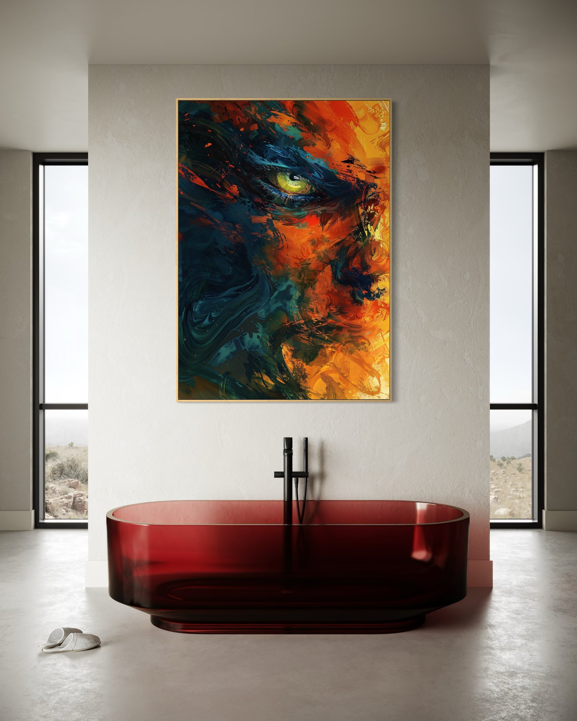 Modern devil expressionism artwork with colorful face in gold frame