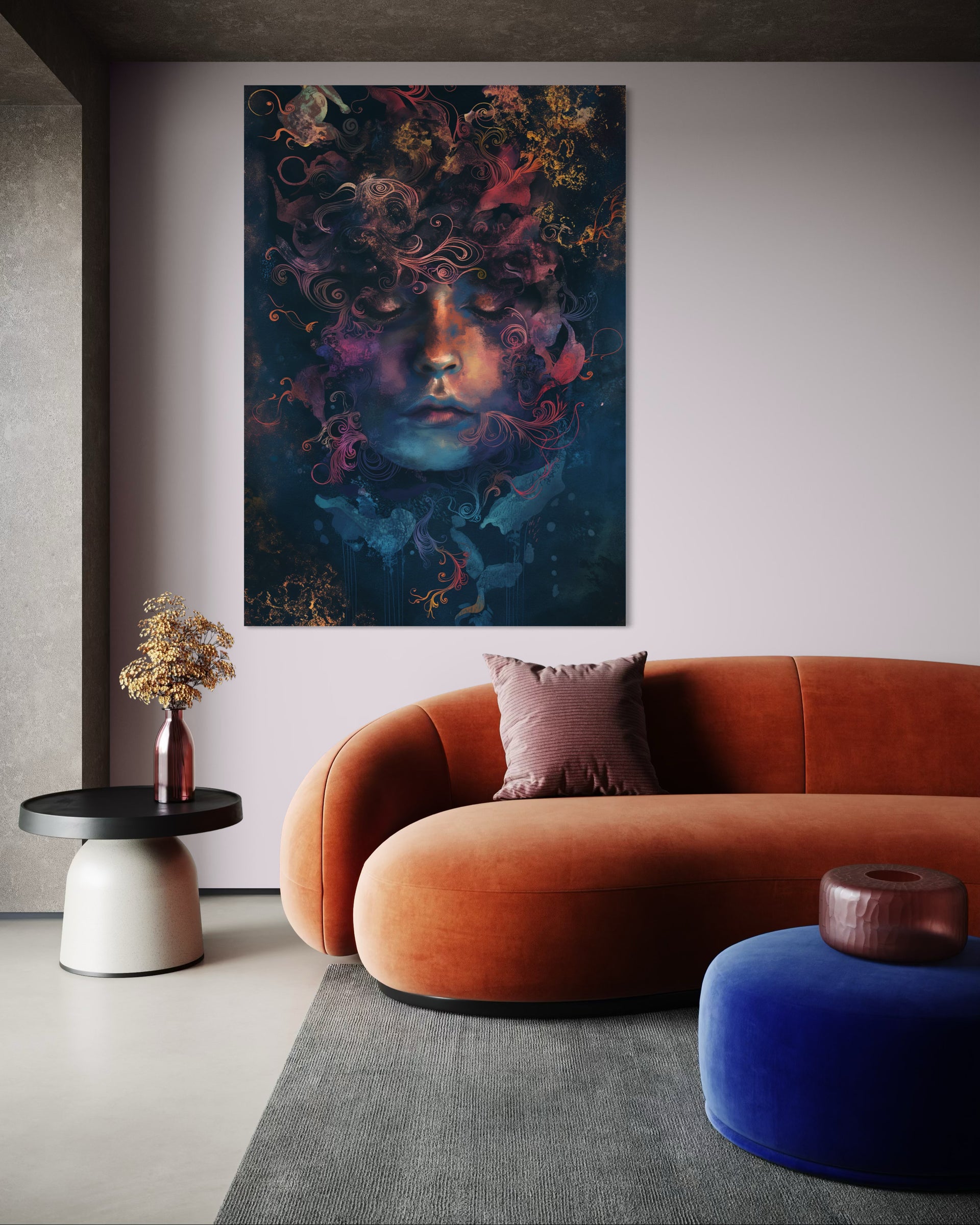 Modern woman face expressionism abstract art, dark blue and gold swirls