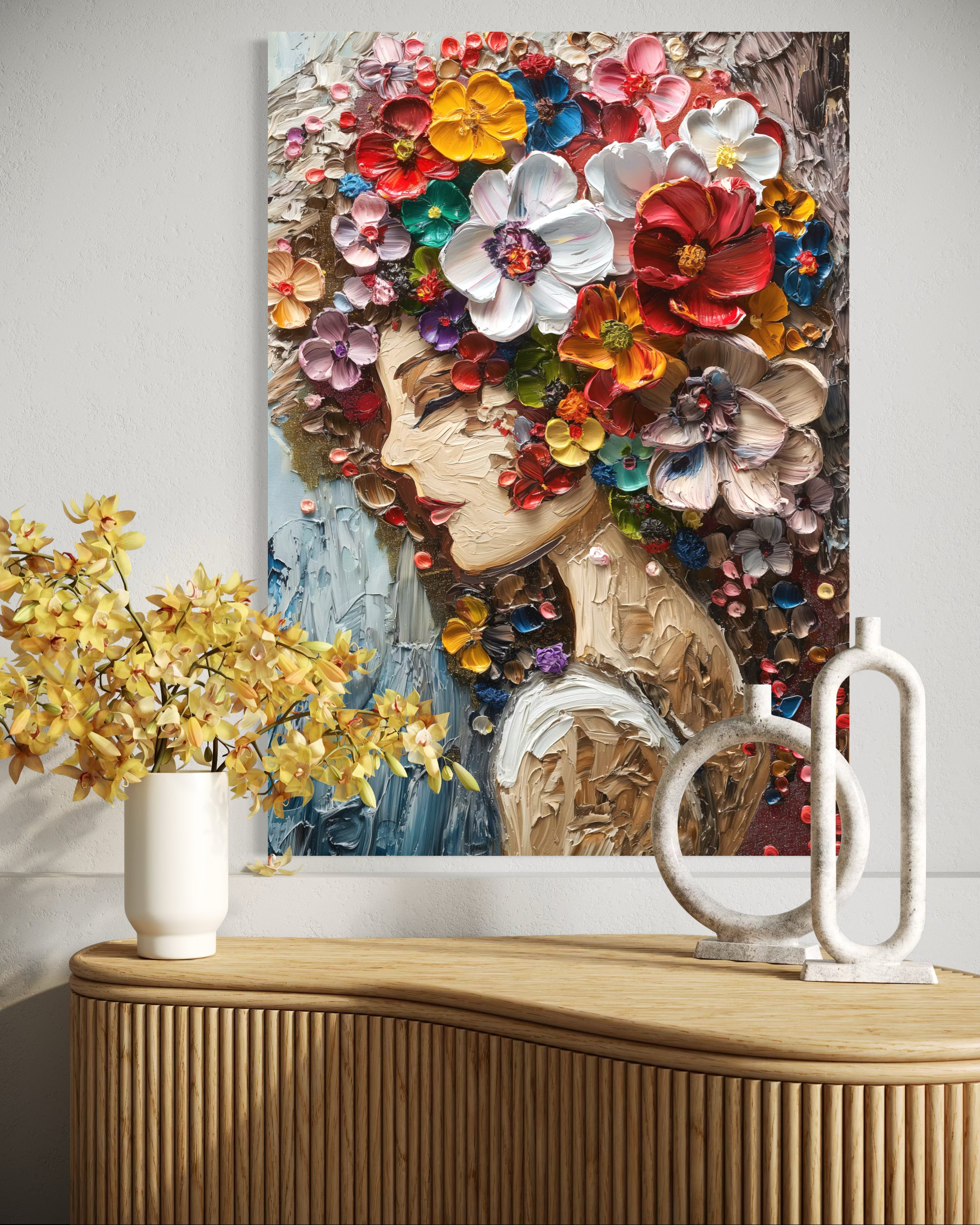 Stampa su tela di fiori moderni multicolore, effetto rilievo