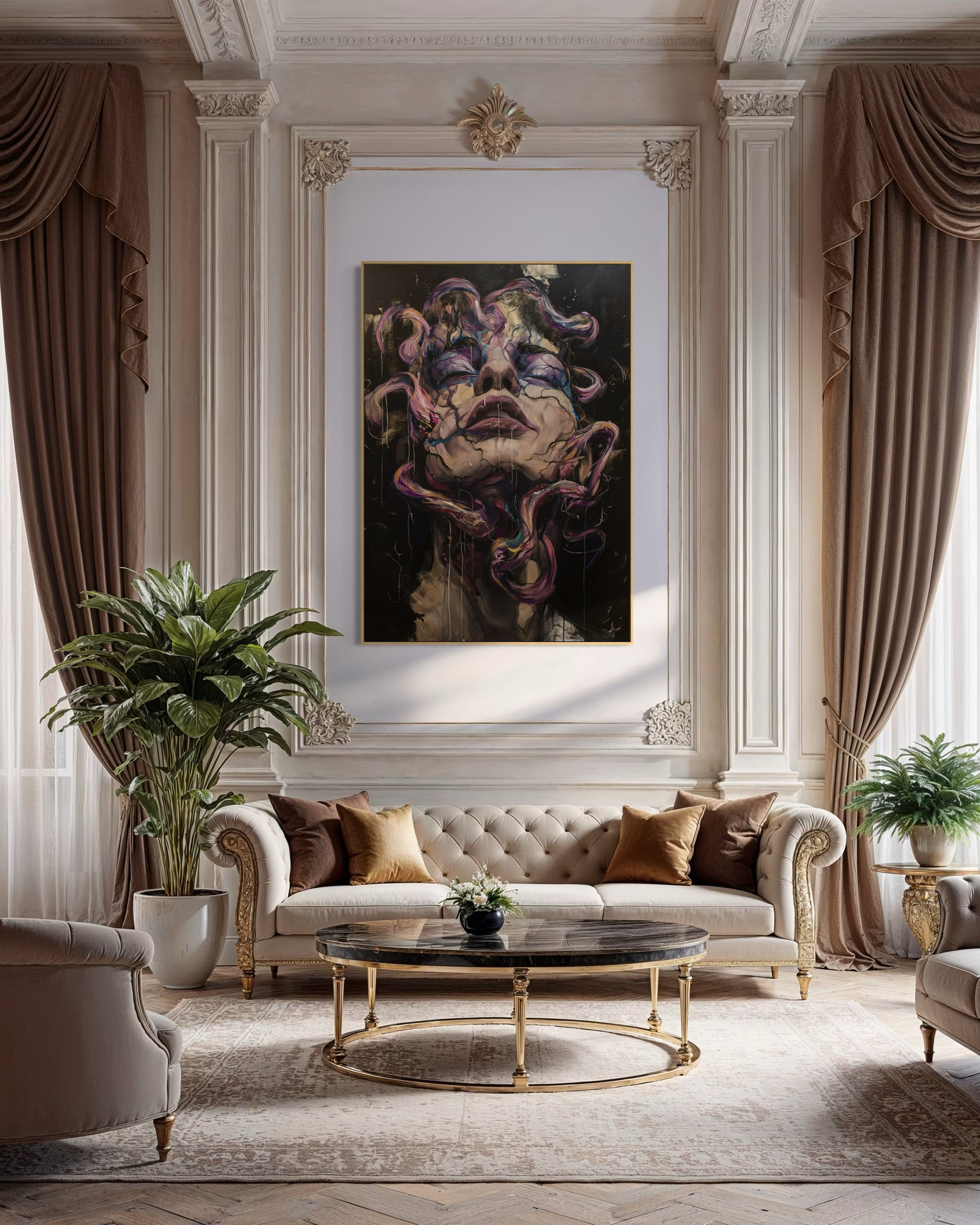 Quadro moderno con volto di Medusa astratto, cornice chiara