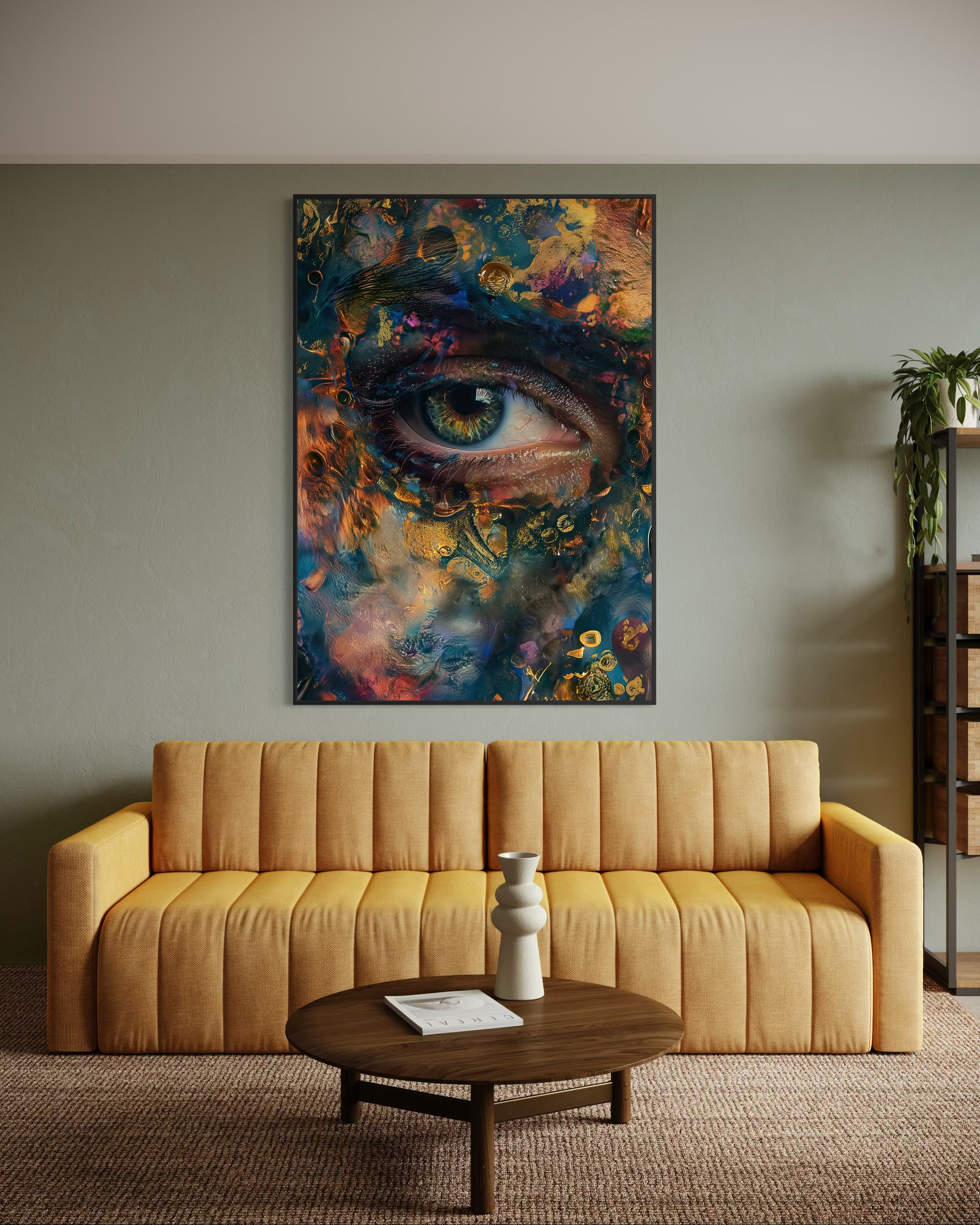 Arte moderna con occhio astratto, cornice nera, colori blu e oro