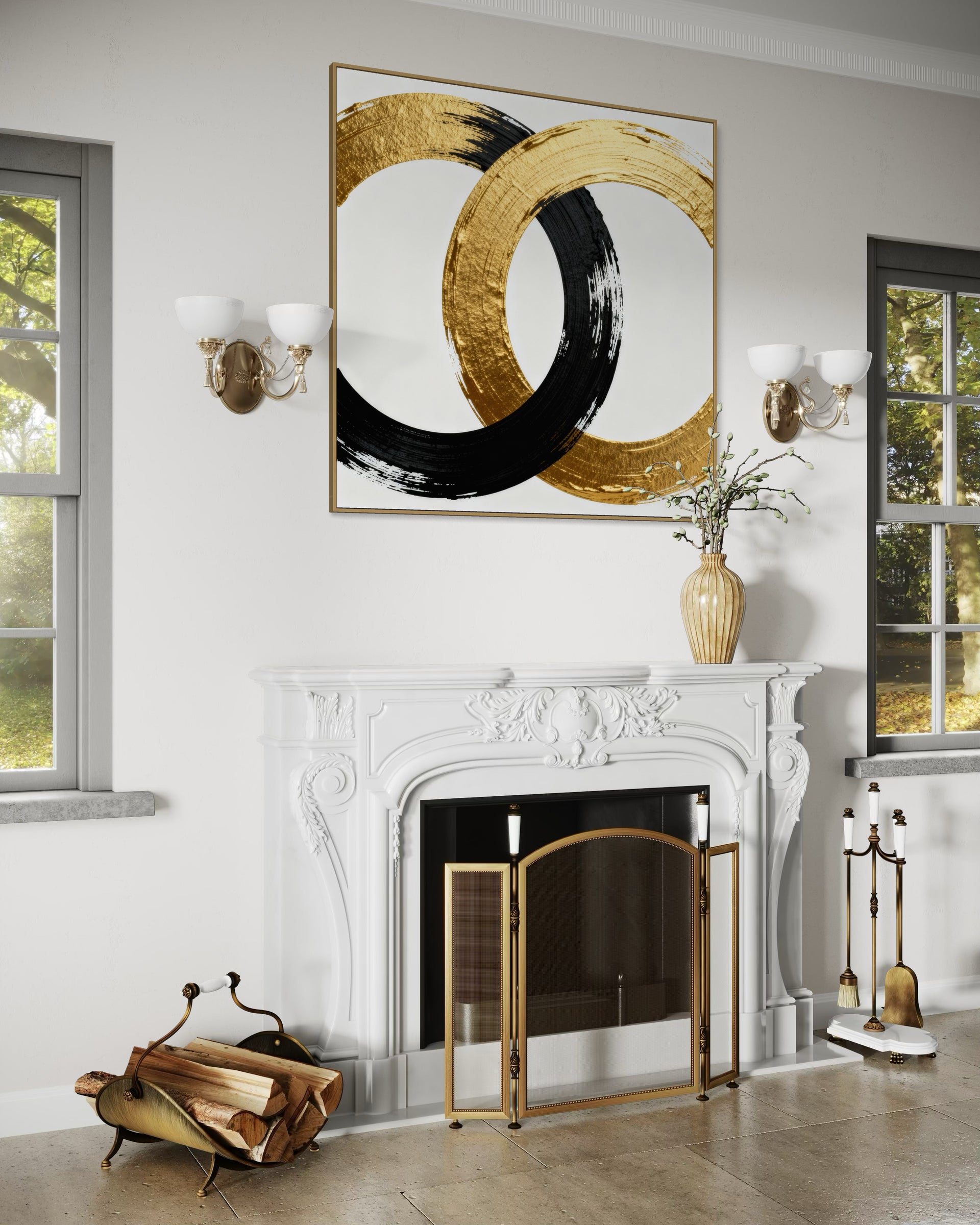 Quadro astratto con cerchi oro e nero, cornice dorata, stile moderno