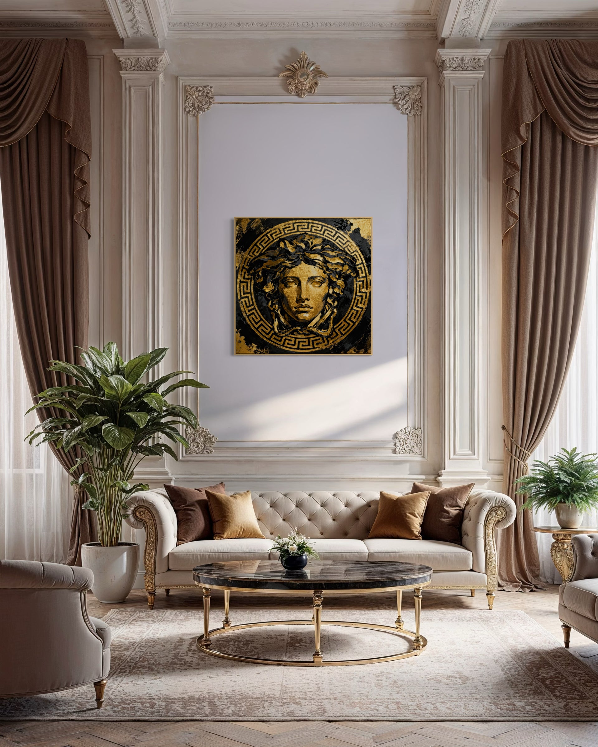 Gold face modern wall art, gold and black framed portrait