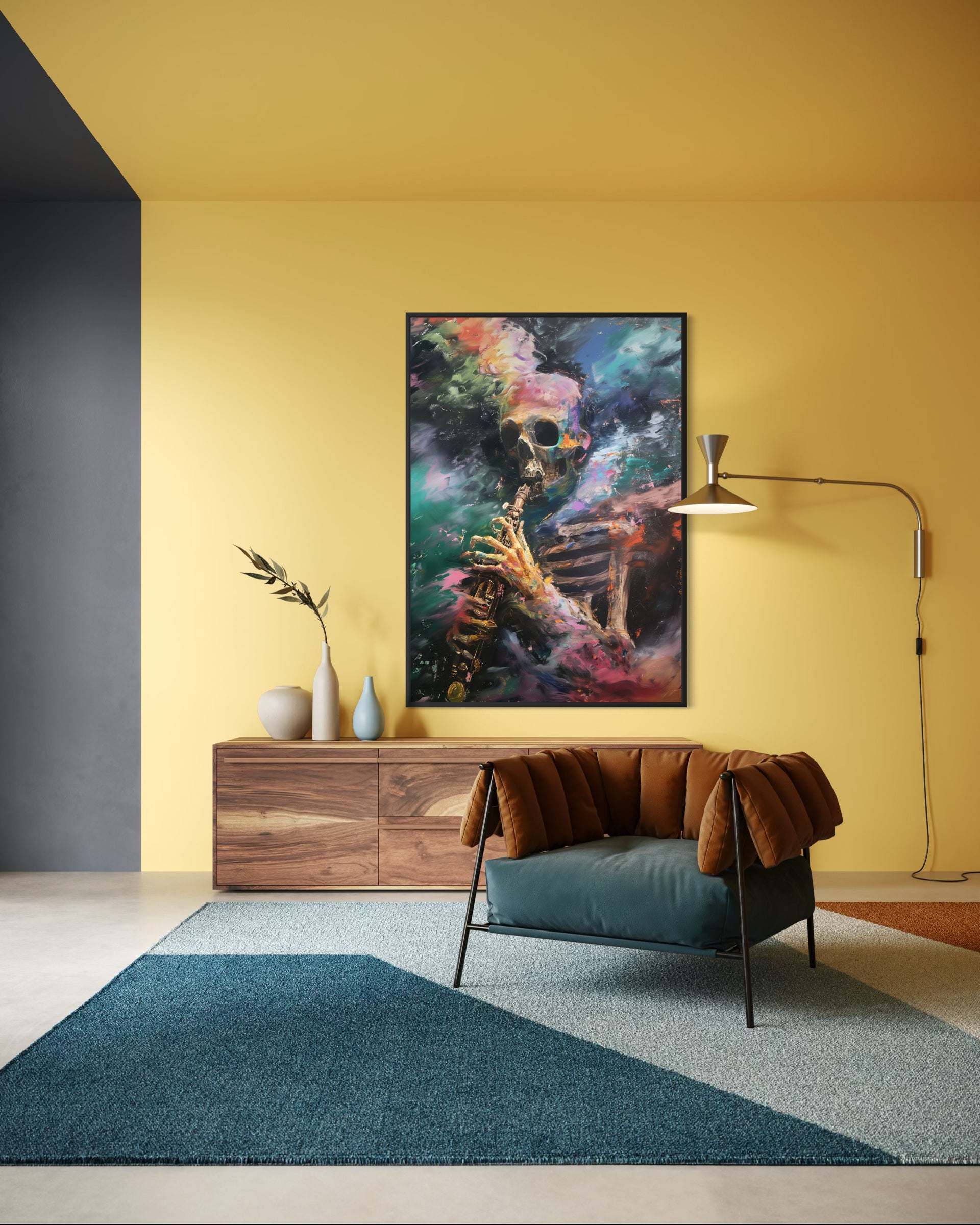 Modern skeleton skull artwork, colorful abstract painting in a frame