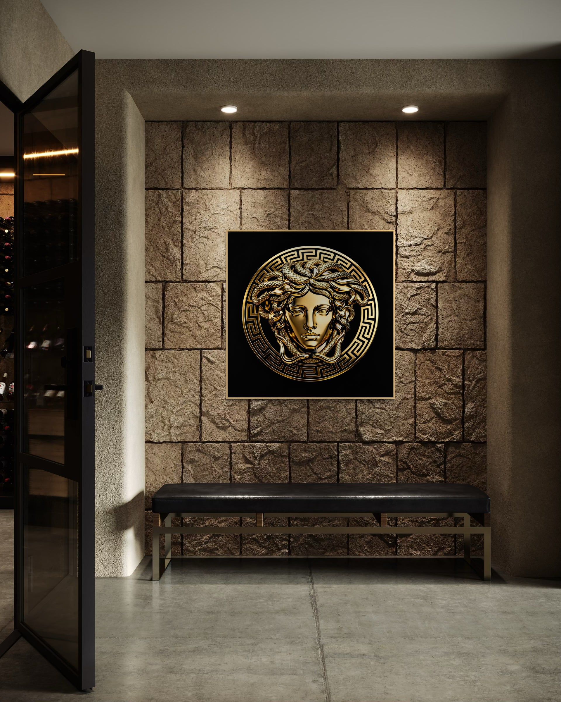 Gold face artwork in a modern square frame with Medusa-style detail on black