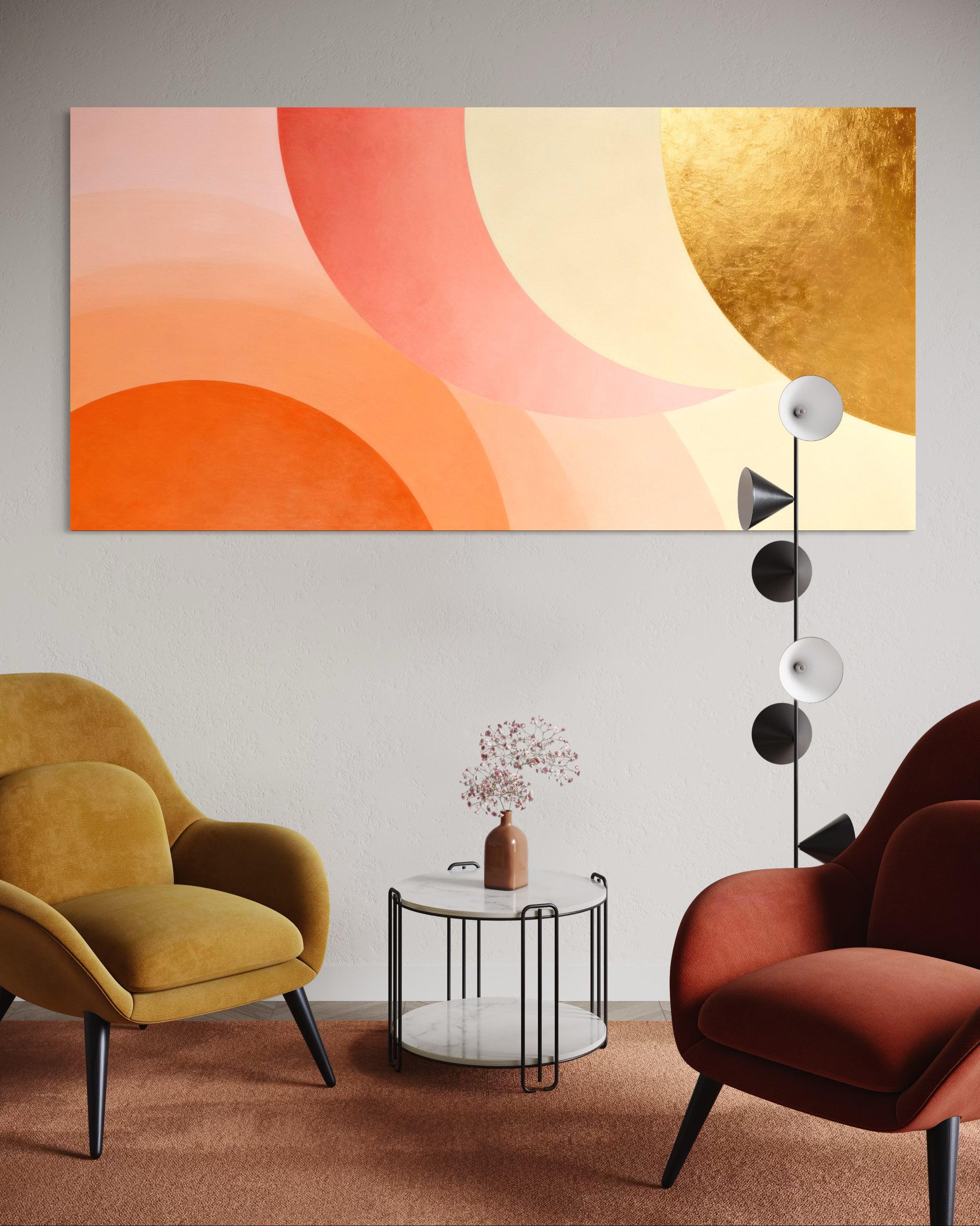 Flusso: stampa rettangolare astratta con cerchi in arancio, crema e oro su sfondo chiaro