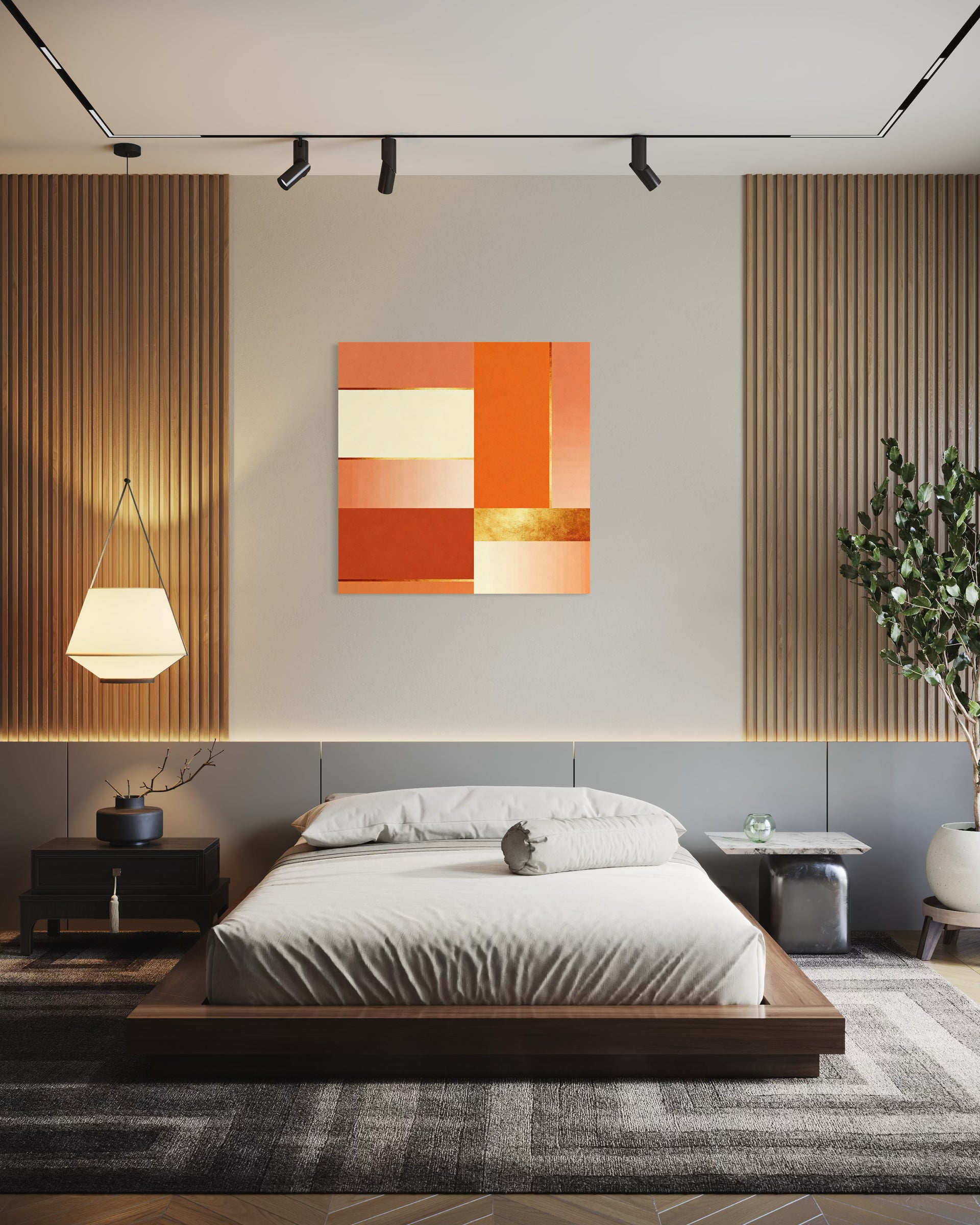 Quadro astratto Passione con blocchi arancioni e bianchi