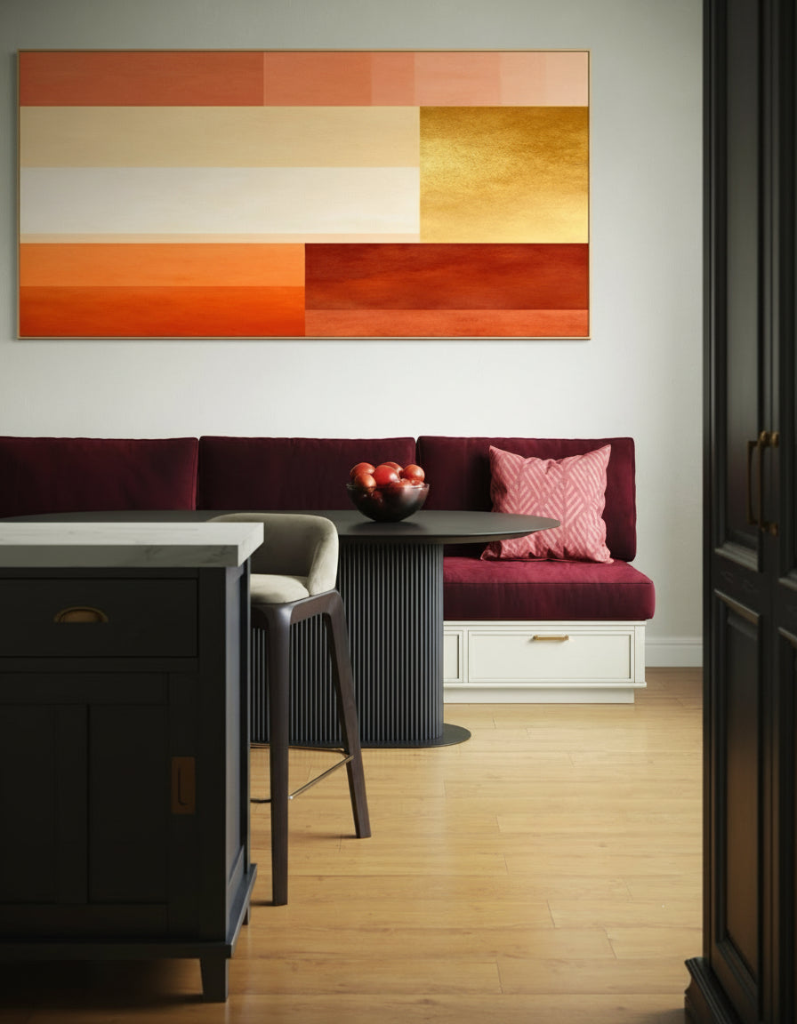 Impulso: stampa astratta con pannelli rosso, beige e oro in cornice