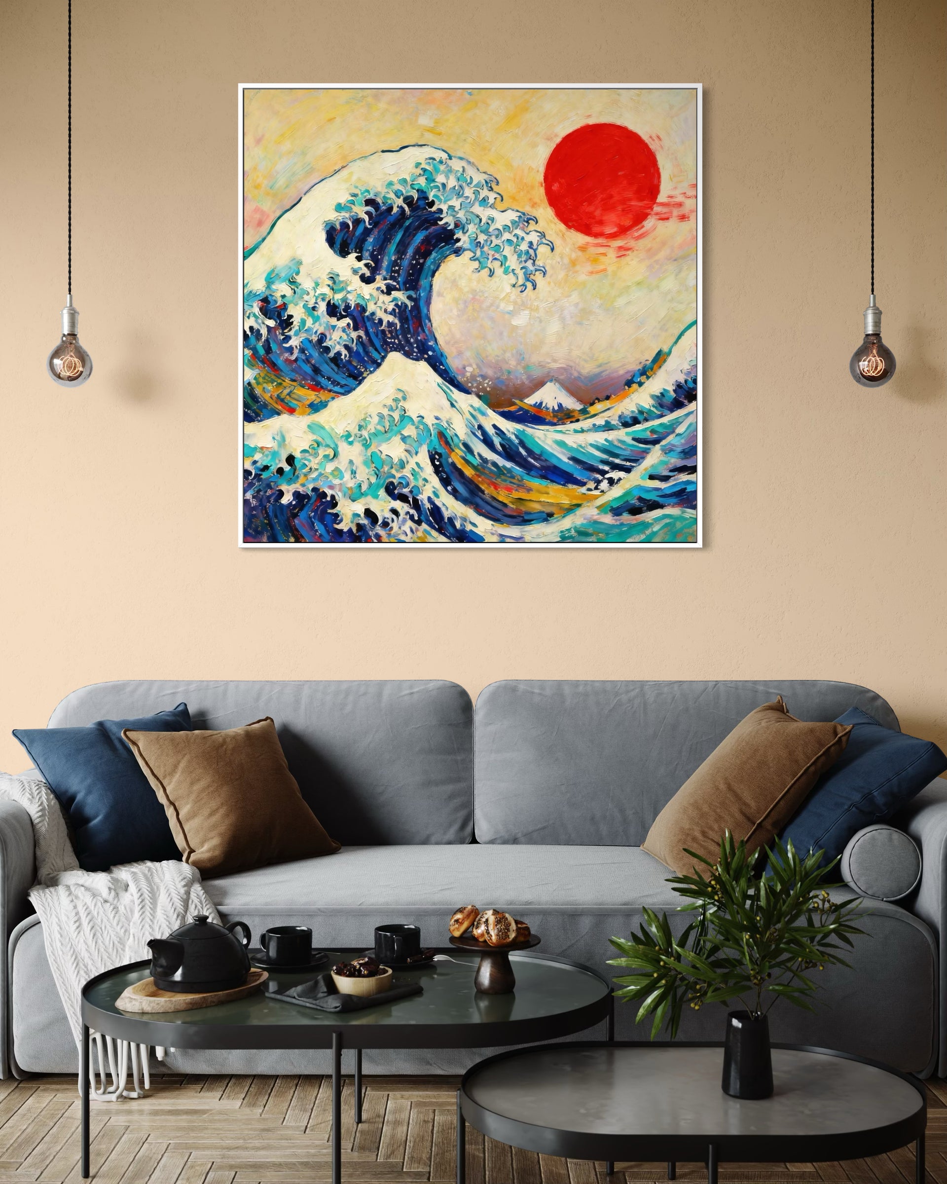 Onda artistica con cornice bianca, mare stilizzato con onda blu e sole rosso
