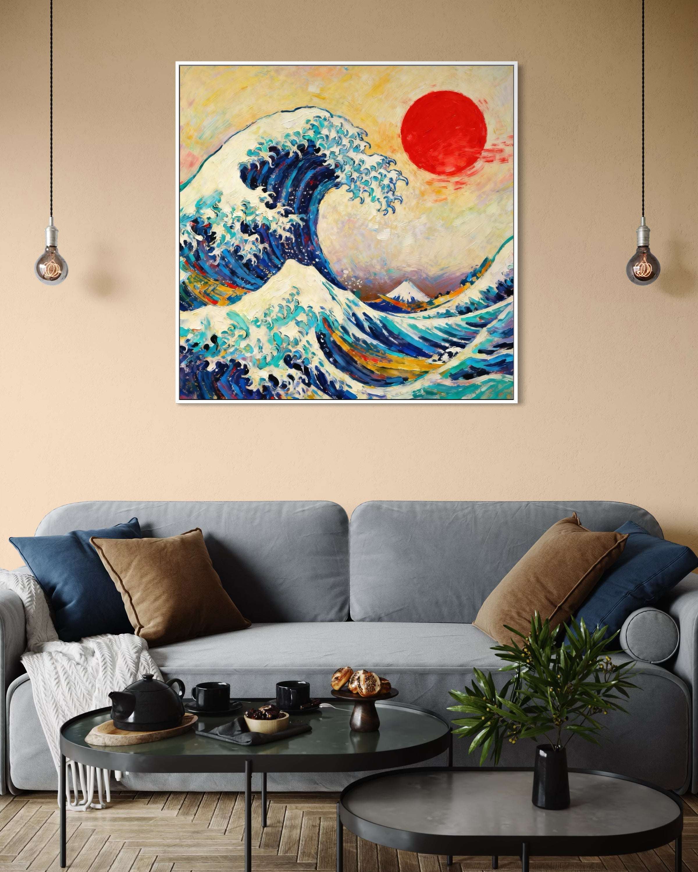 Stampa artistica quadrata con onda blu e onde turchesi, sole rosso, cornice