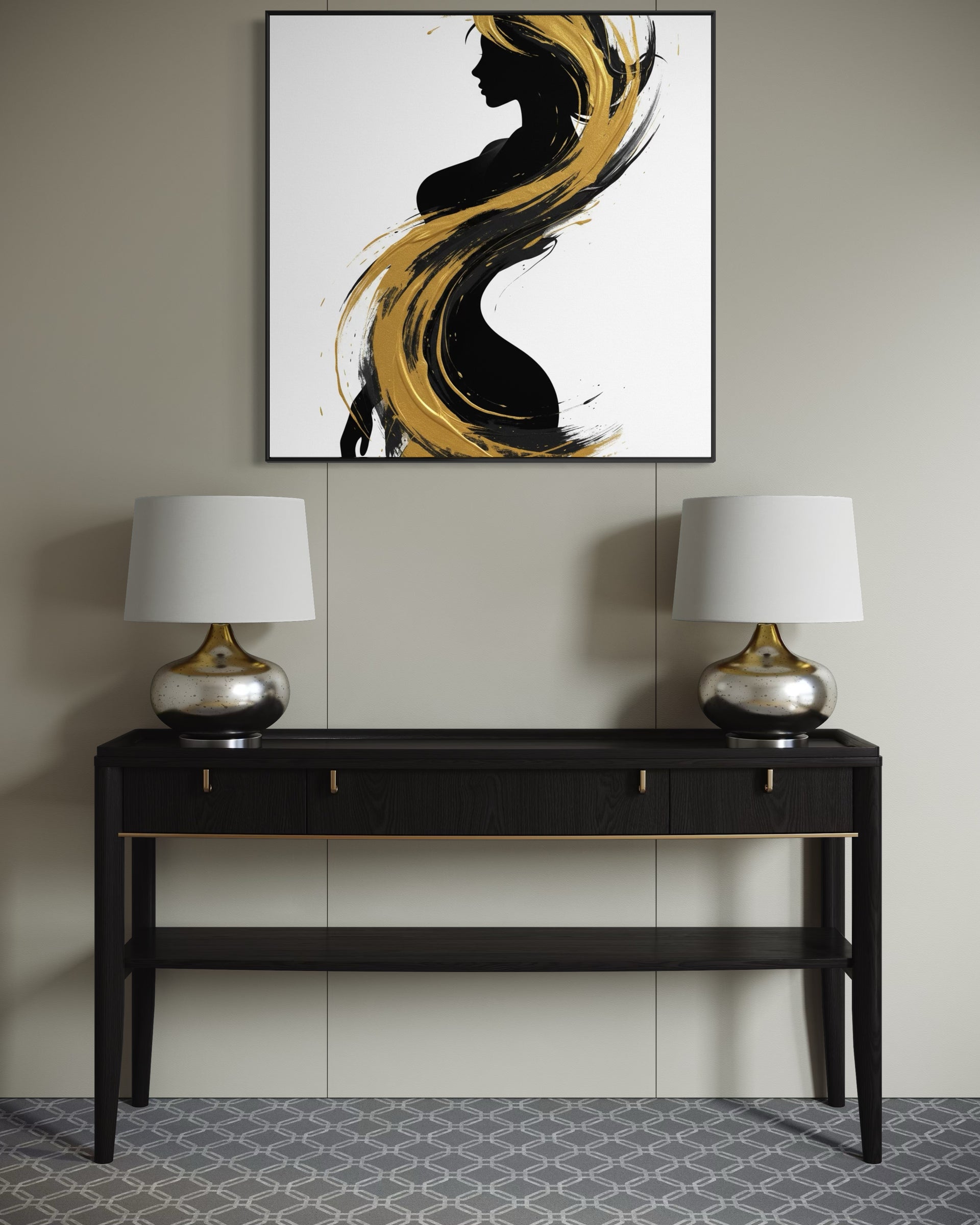 Confini gold: quadro astratto con linee dorate e figure nere su sfondo chiaro
