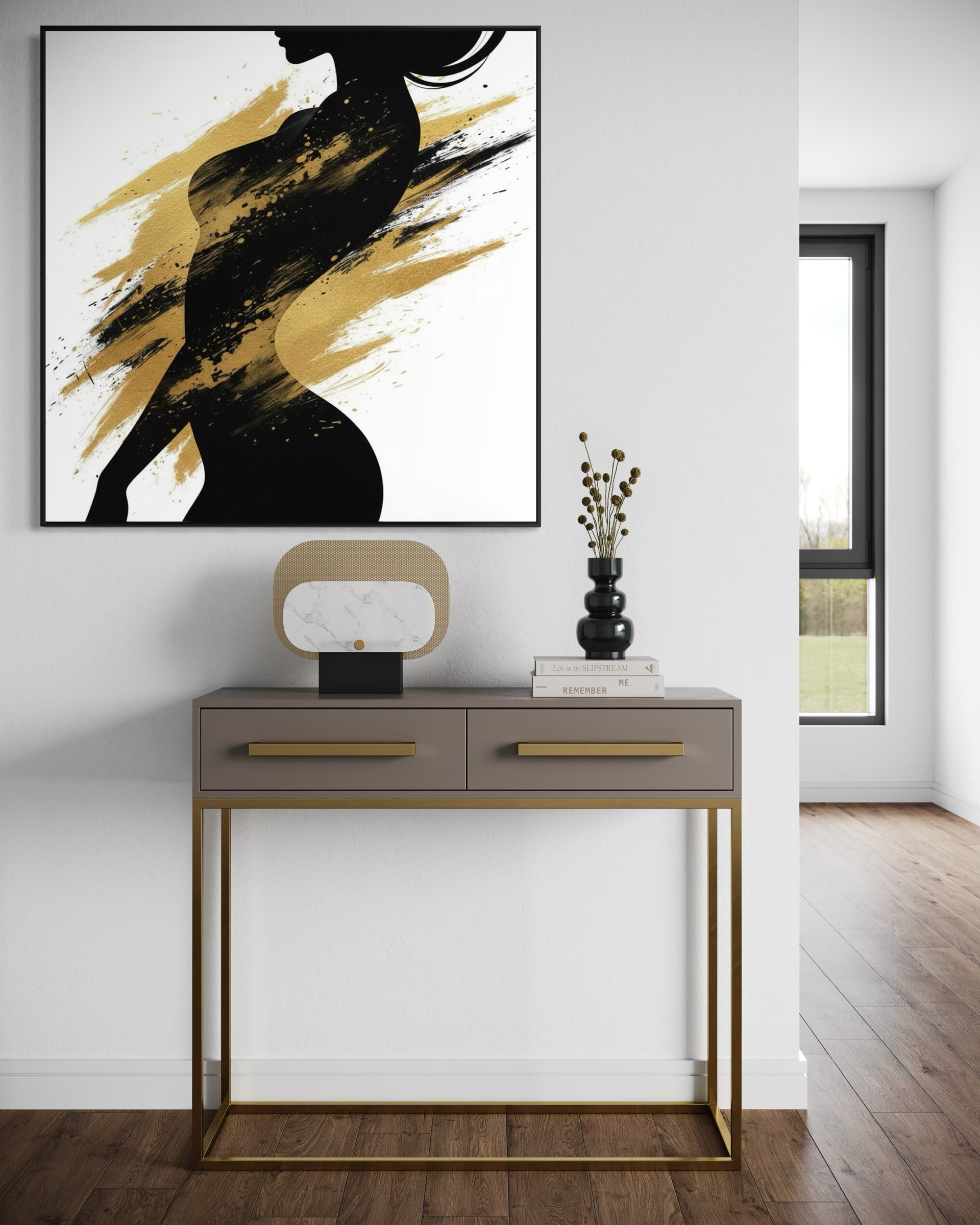 Quadro astratto Luce nera in cornice nera, tratti neri e dorati su fondo chiaro