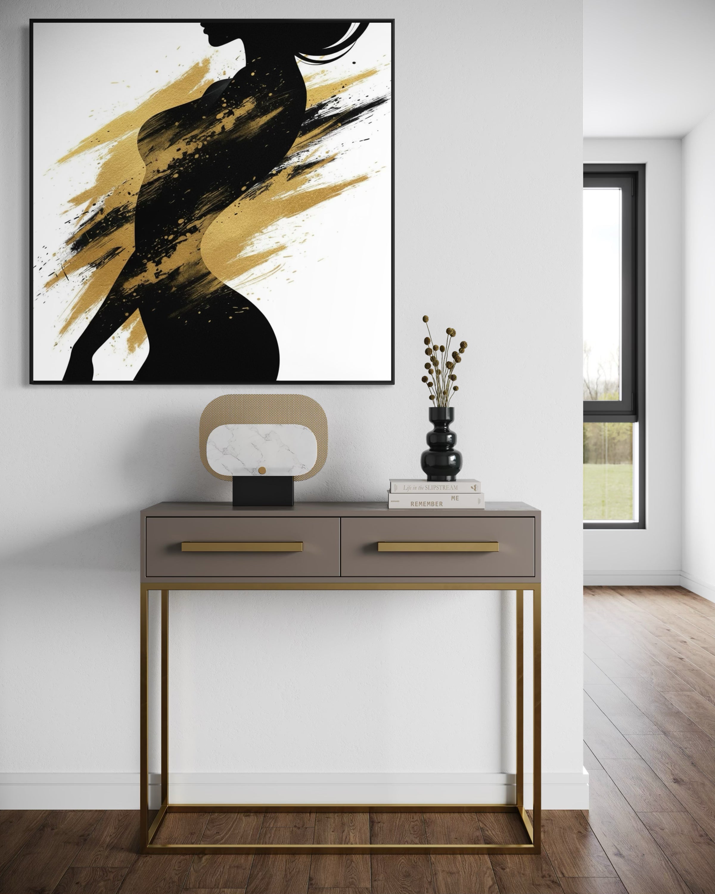 Quadro astratto Luce nera in cornice nera, tratti neri e dorati su fondo chiaro