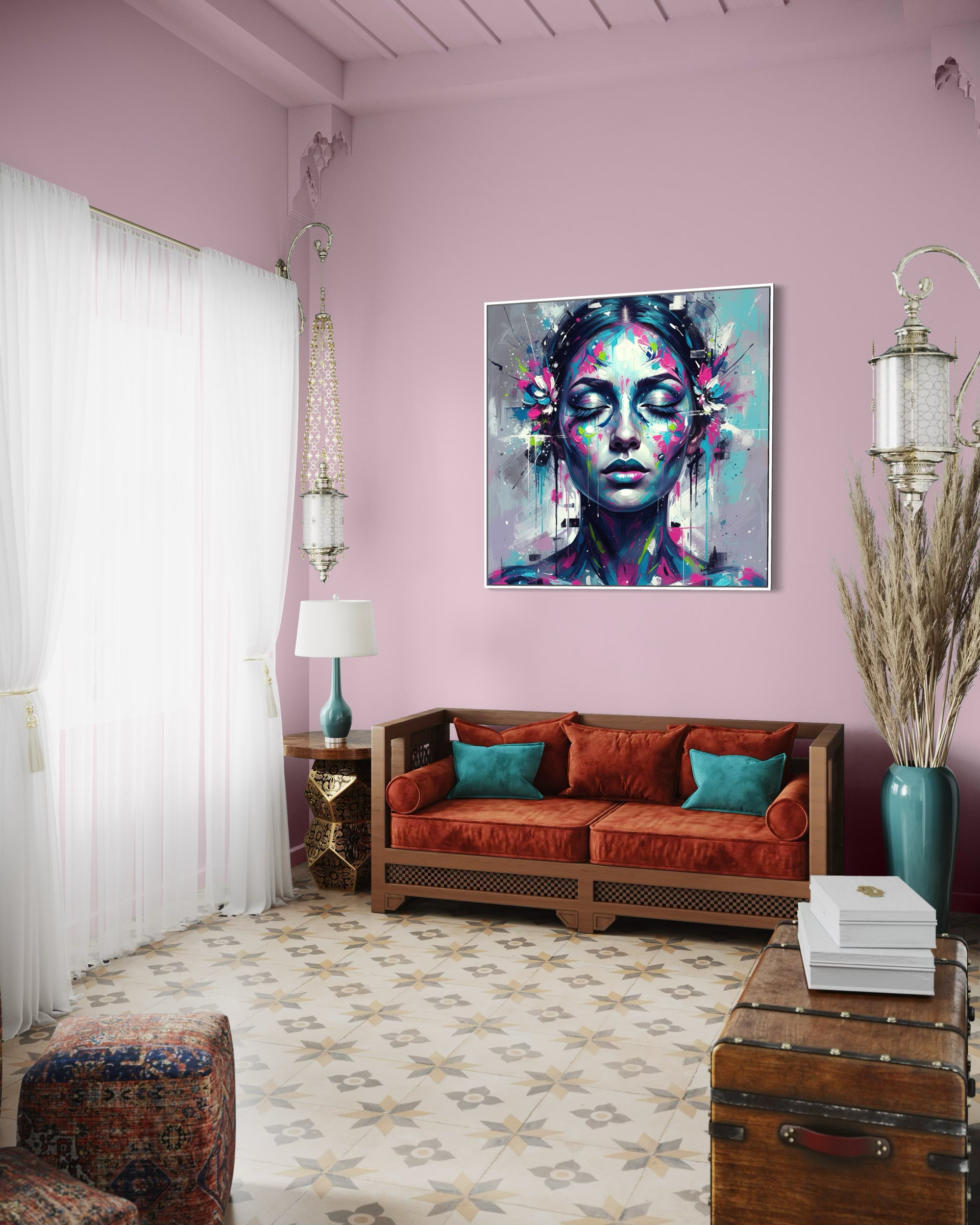 Sogni artificiali: quadro quadrato con volto femminile stilizzato, colori vivaci e dettagli astratti