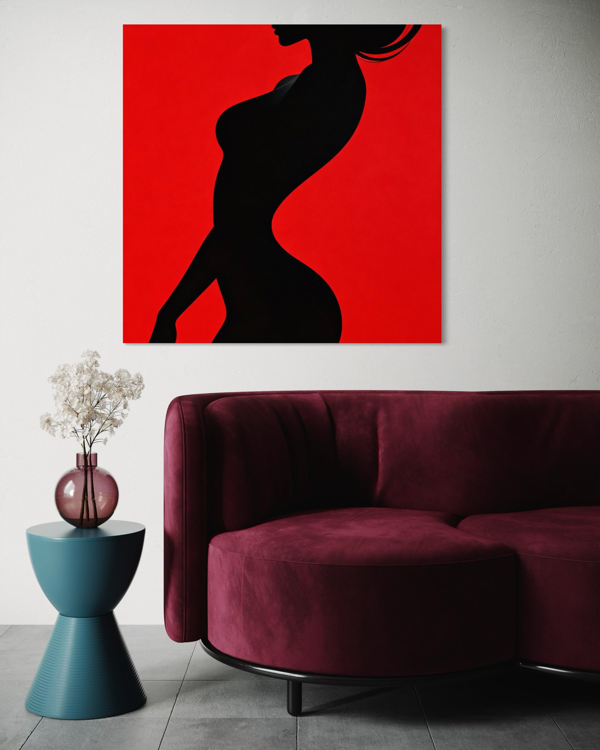 Corpo rosso: quadro con silhouette nera su sfondo rosso