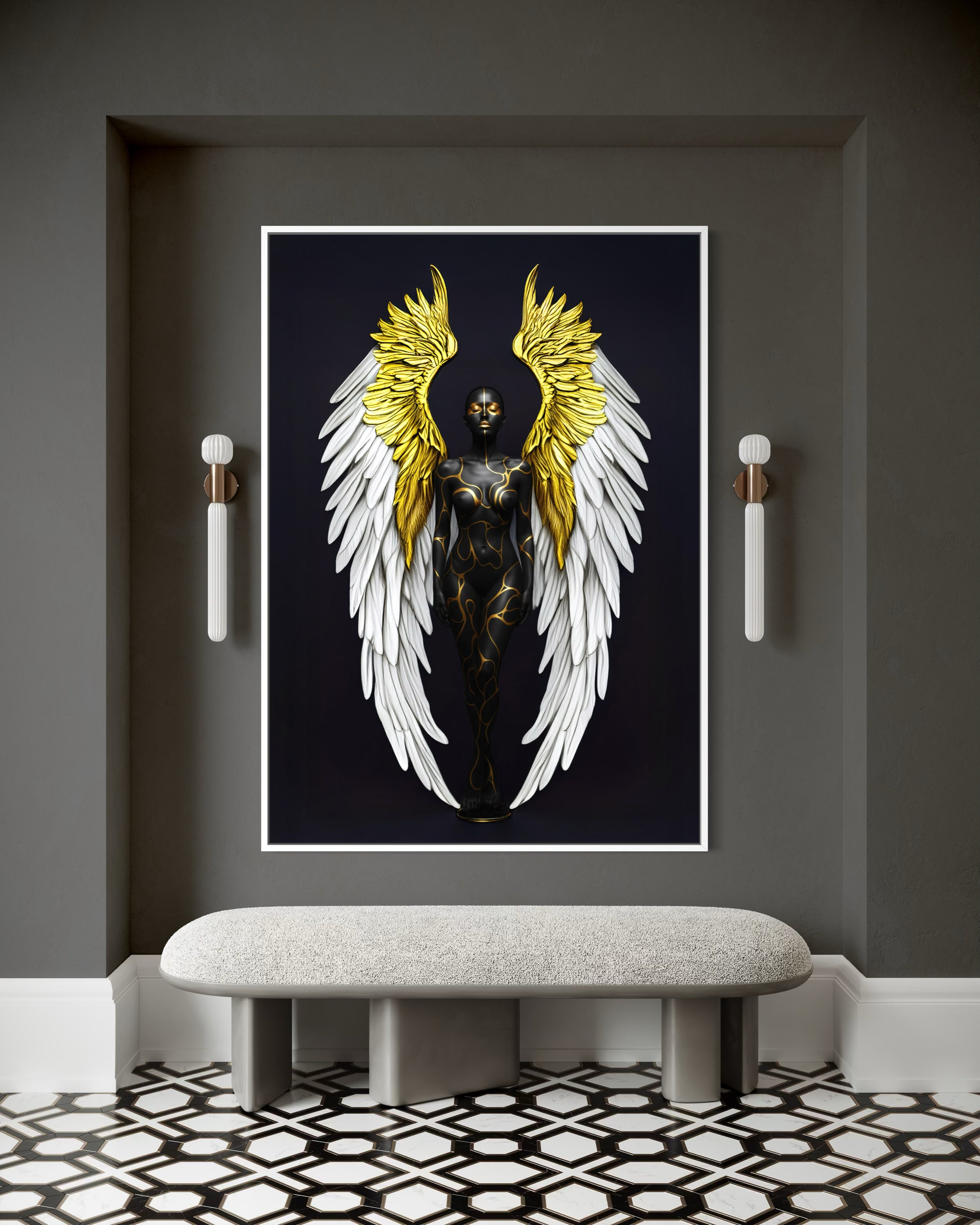Black angel wall art with gold-and-white wings, dark figure, white border