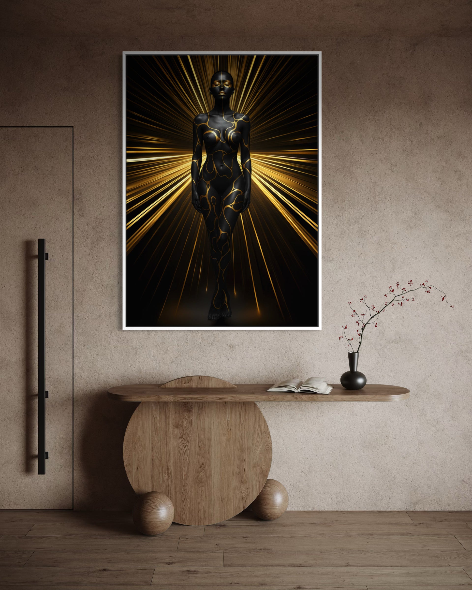 Framed black and gold woman artwork, with radiant glowing lines behind her