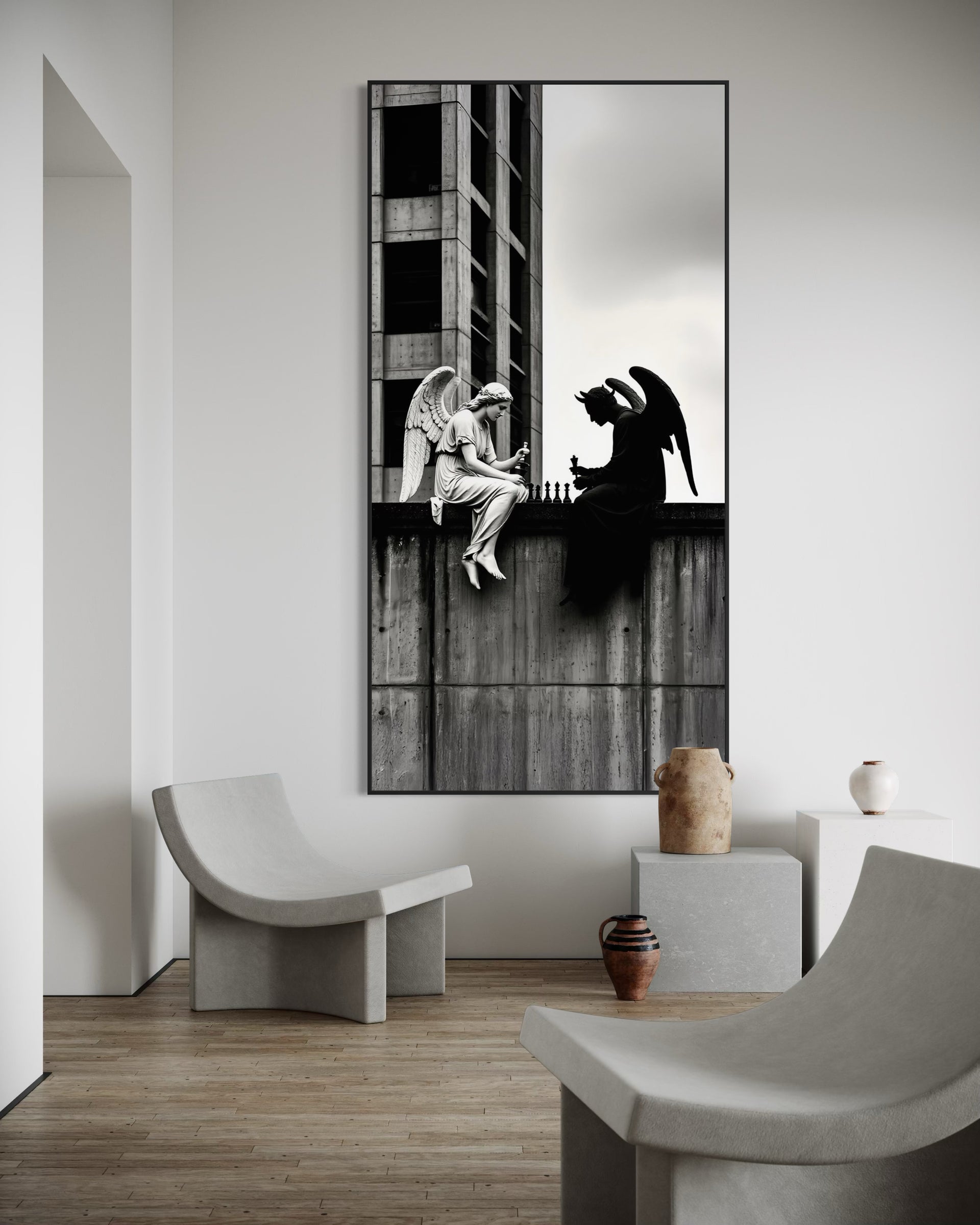 Angel devil: angelo e diavolo in stampa bianco e nero, cornice scura